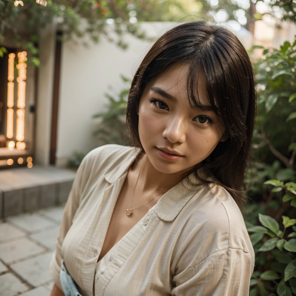 (best quality,highres,ultra-detailed),female asian model,beautiful, face photo, soft and glowing skin,natural outdoor setting,artistic portrait,subtle vibrant colors,subtle bokeh effect, Face shot, selfie