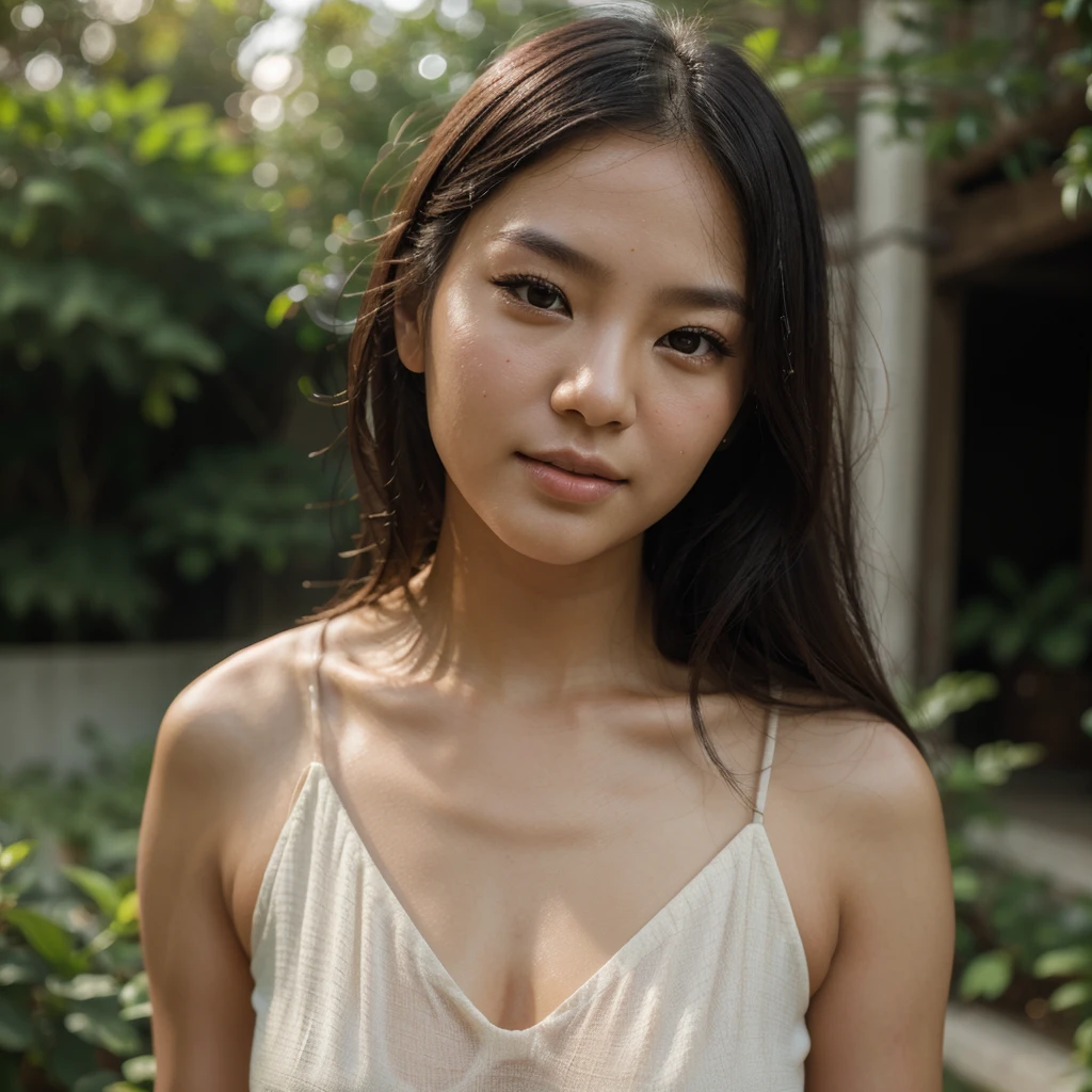 (best quality,highres,ultra-detailed),female asian model,beautiful, face photo, soft and glowing skin,natural outdoor setting,artistic portrait,subtle vibrant colors,subtle bokeh effect, Face shot, selfie