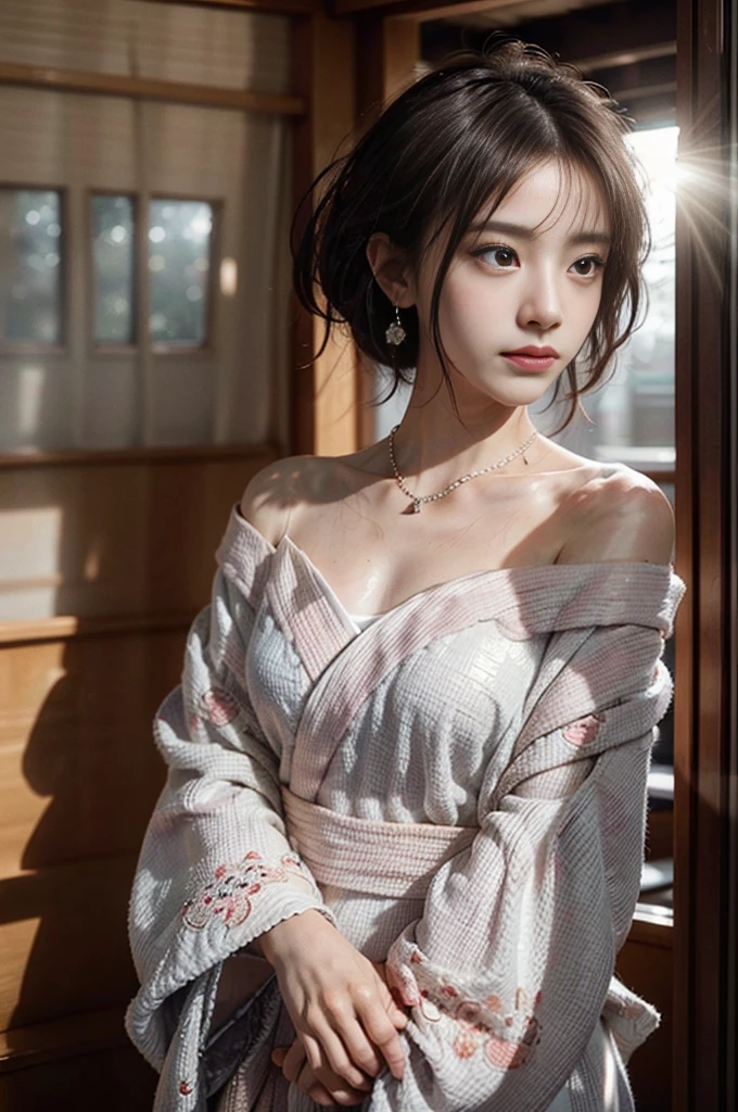 ((RAW shooting:1.5)), (photorealistic:1.5, muste piece:1.5, 8K), (highest quality, masterpiece, ultra high resolution), morning, Shrine precincts, ((fog the lens:1.4)), ((Shoot with blur:1.5)), ((sunrise, sunlight shining from behind:1.6, Strong sunlight spreads across the screen:1.6)), ((Strong sunlight shines on a woman:1.7)), ((The entire screen appears white and hazy due to strong sunlight.:1.8)), ((The woman looks blurry due to the strong sunlight:1.9)), professional camera work:1.3, Highly detailed skin and facial textures:1.3, glow light effect, super detail:1.3, 1 girl, fair skin, glossy skin, (sense of clarity:1.4, small face), extremely beautiful face:1.5, (sense of clarityを感じる目:0.9, looking far away), A sloppy smile:1.0, (mouth slightly open:0.4, sense of clarityを感じる口当たり:0.7), double eyelid, dark brown medium hair, necklace and earrings, (Wearing a pink kimono correctly Off-shoulder)
