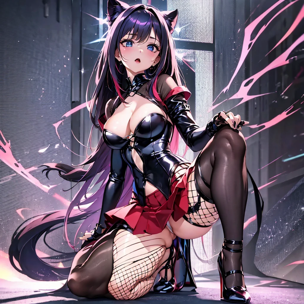 ((Raw photo、highest quality、High resolution、Ray tracing、nffsw、highest quality、precision processing、Portrait,3D,pureerosface_v1:0.7、)、(( shiny red leather bondage、dark red BDSM、Bold、long tight skirt、1Girl of Man,)))((((Wave Hair、cleavage emphasis、big breasts:4.0、thin legs、blue eyes、Detailed depiction of limbs、small nose、perfect body、No sleeve、full body figure、high heels、18-year-old,))))、universe、