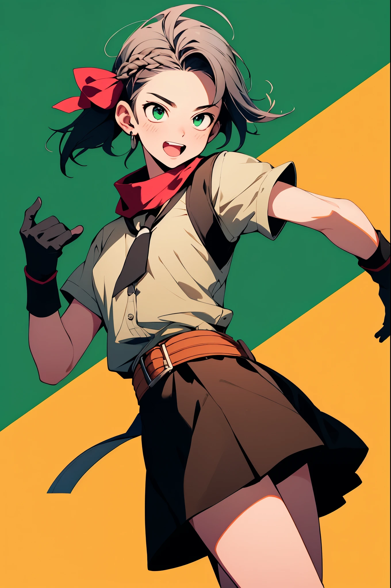 ((best quality, masterpiece)), ((style-swirlmagic):0.4),
1girl, power pose,  dragon ball, blmpony, aqua hair, hair ribbon, braided ponytail, pink shirt, belt, scarf, pink skirt, clothes writing, brown gloves, smile, open mouth,
