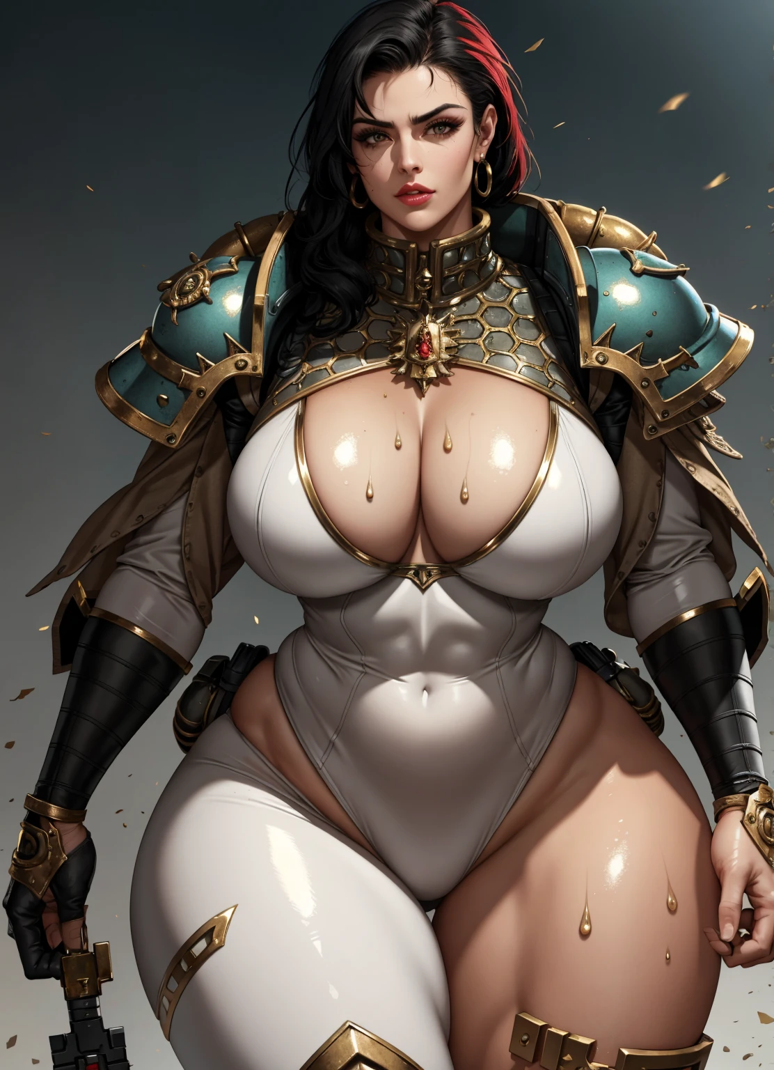 1girl, gorgeous, muscular, thick thighs, female, abs, wide hips, (masterpiece, high quality:1.1) ,shiny skin, soft, smooth skin, breasttation, tight suit, busty, curvy, toned, camel toe, lipsti lips, make-up, highly detailed, kawaii, wet and shiny,warhammer 40k,sister of battle,
