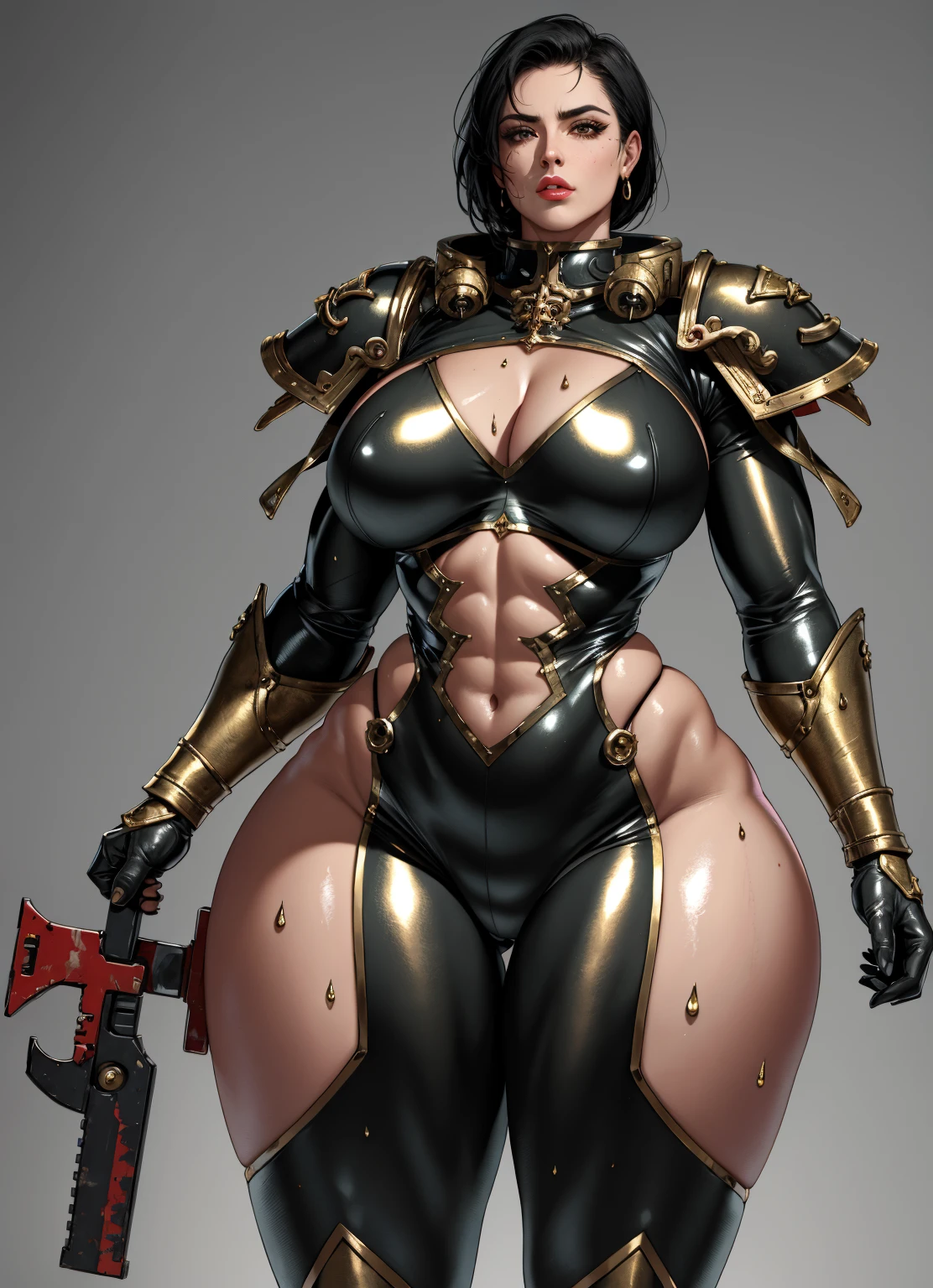 1girl, gorgeous, muscular, thick thighs, mature female, abs, wide hips, (masterpiece, high quality:1.1) ,shiny skin, soft, smooth skin, breast indentation, tight suit, busty, curvy, fit, toned, camel toe, lipstick, thick lips, make-up, highly detailed, kawaii, wet and shiny,warhammer 40k,sister of battle,