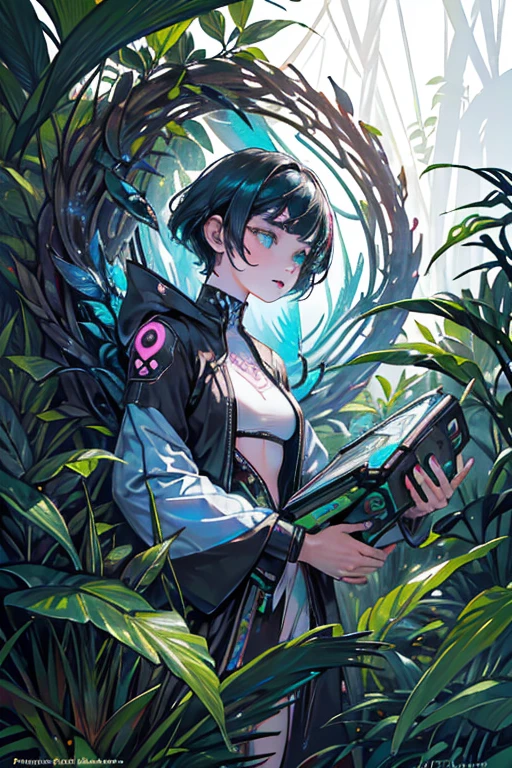 Future genetic engineering will incorporate living organisms into its work of art, Covered by fauna, flora. Alebrije, Masterpiece, hyper HD, Axonometric view, jungles. Cyberpunk, girl with black short hair fall scared