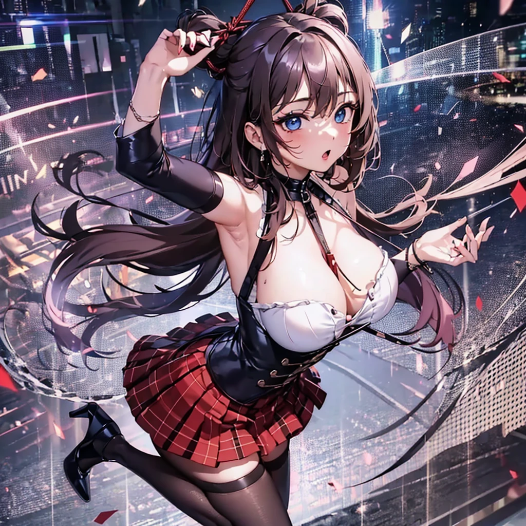 ((Raw photo、highest quality、High resolution、Ray tracing、nffsw、highest quality、precision processing、Portrait,3D,pureerosface_v1:0.7、)、(( shiny red leather bondage、dark red BDSM、Bold、long tight skirt、1Girl of Man,)))((((Wave Hair、cleavage emphasis、big breasts:4.0、thin legs、blue eyes、Detailed depiction of limbs、small nose、perfect body、No sleeve、full body figure、high heels、18-year-old,))))、universe、