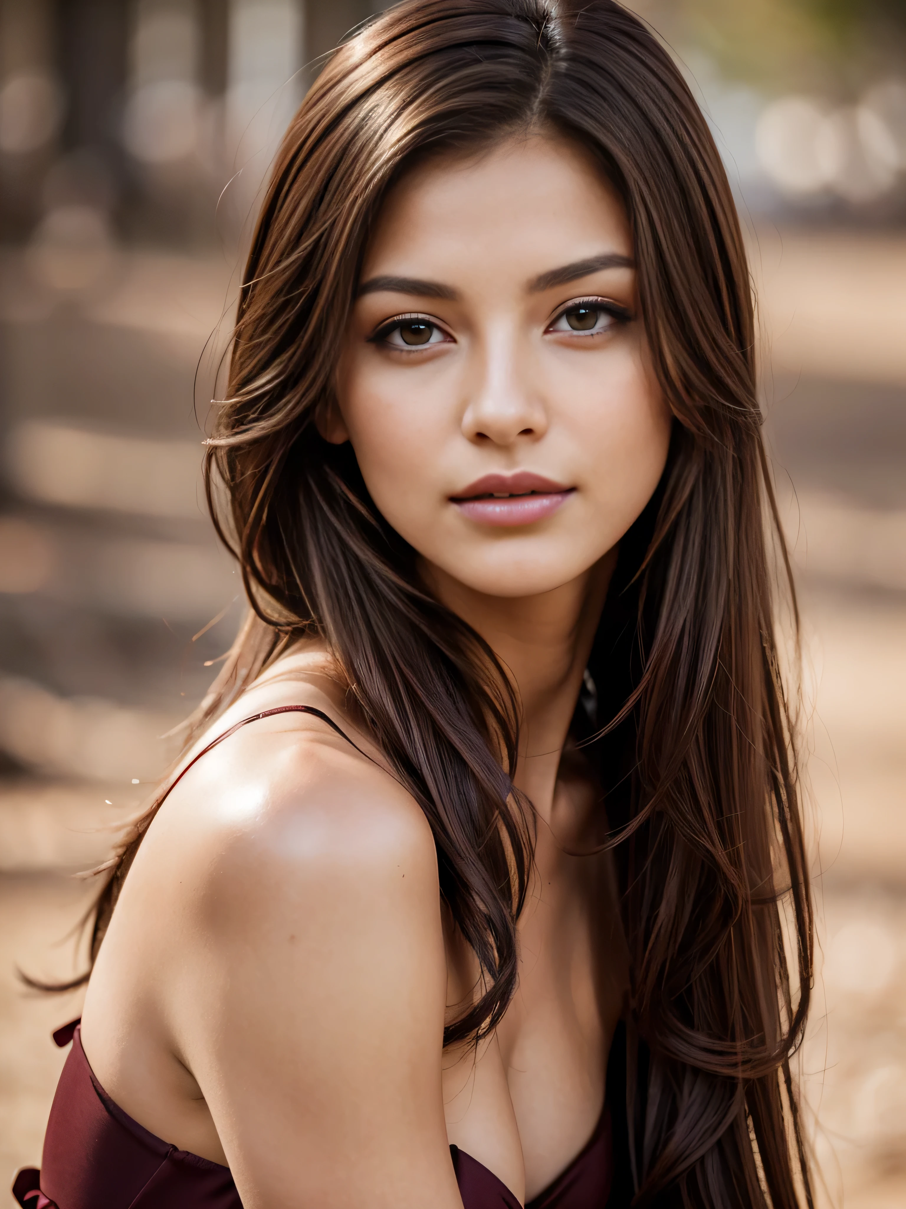 professional photo, beautiful brown hair, brown eyes, burgundy lips, sensual photo model female portrait, slight smile, serene, realistic skin texture, head thrown back, hair ruffled by wind, eyes looking into camera pale beige background