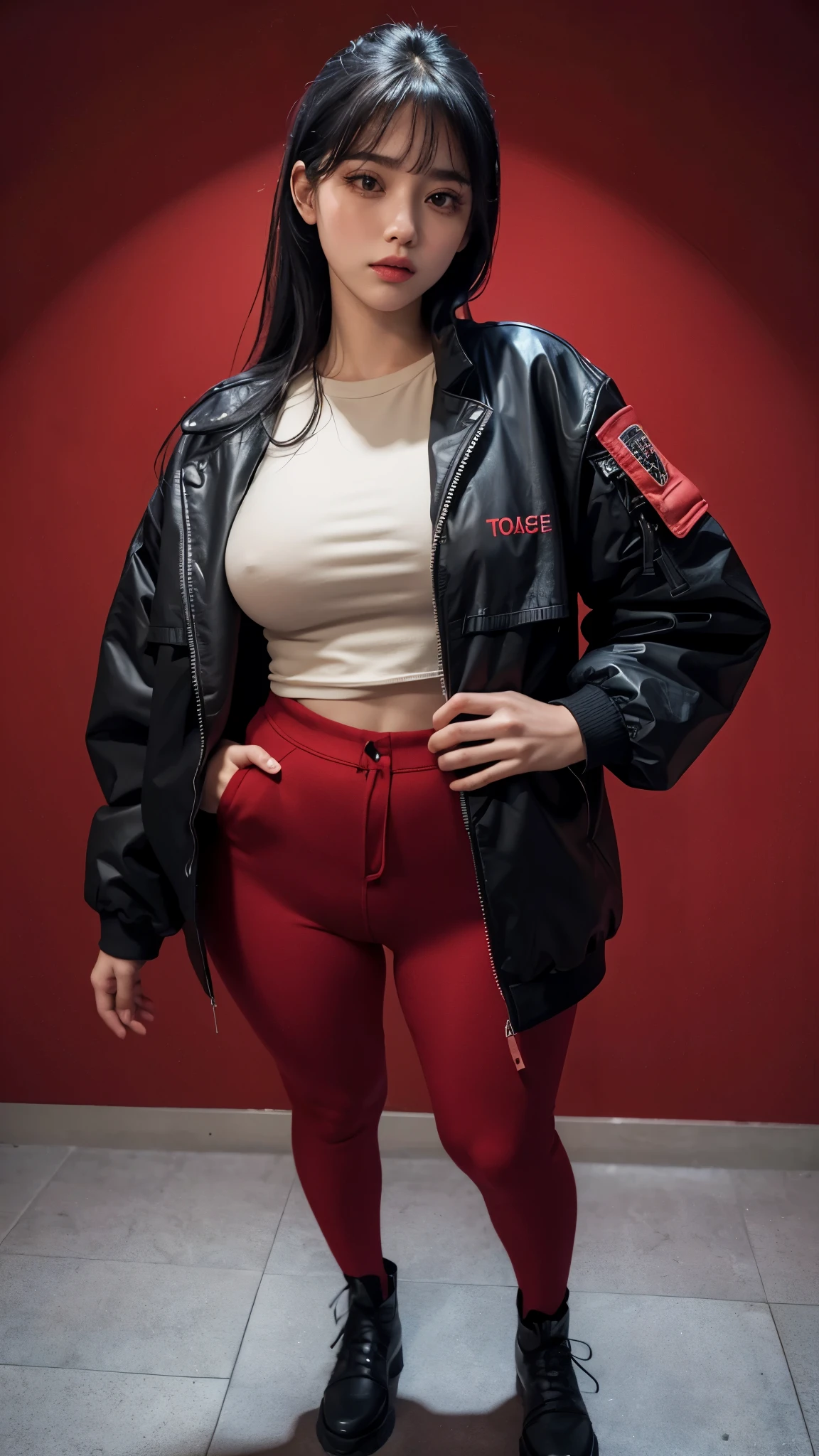 1girl,((closed jacket outfit)) red background background,((very beautiful girl)), , ((long eyelashes)), full body, (wearing closed clothes), ((mugshot)), (((sfw))), ((proportional body)), ((full body))