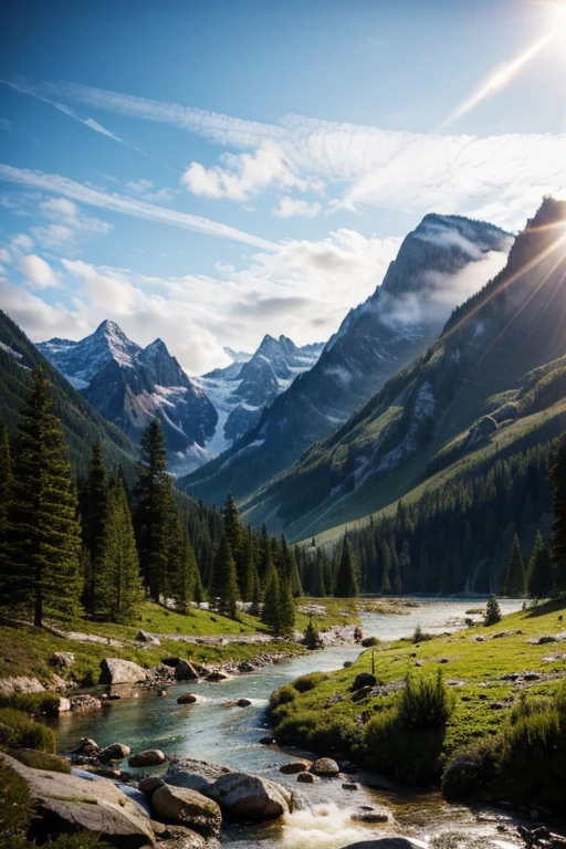 detailed background, masterpiece, top quality, landscape, mountain, river, forest, sun, day, cloud