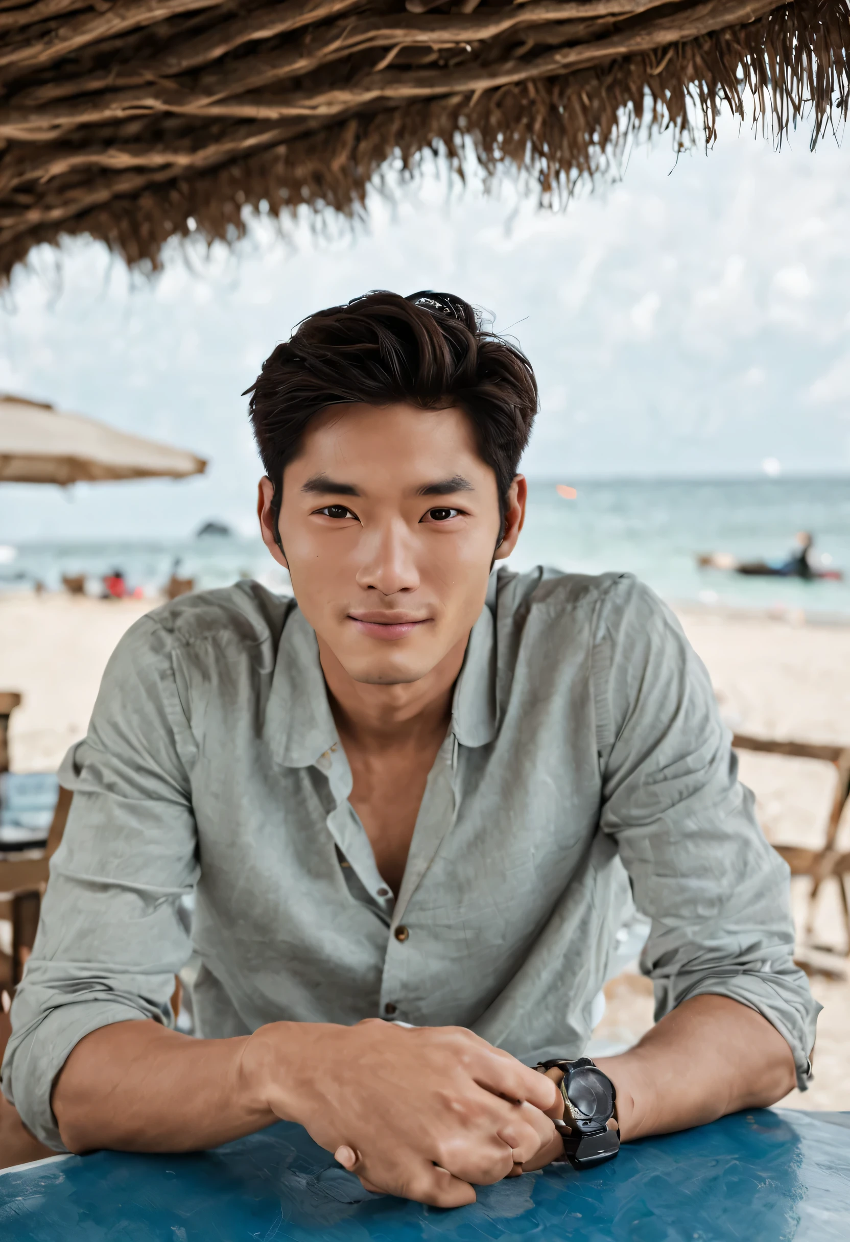 Snap a casual yet captivating photo of Haruto Kim, a Korean-Thai man in his early twenties with an oval face, almond-shaped brown eyes, and stylish messy ash brown hair , as if taken with an iPhone. He's lounging at a beachside café in Thailand, with the ocean subtly visible in the background. Dressed in a simple, stylish linen shirt, open at the collar, he exudes warmth with a genuine, engaging smile. The shot is close enough to focus on his face and the top of his attire, portraying him as approachable and friendly. This image embodies his laid-back yet intriguing persona, perfect for an Instagram profile picture