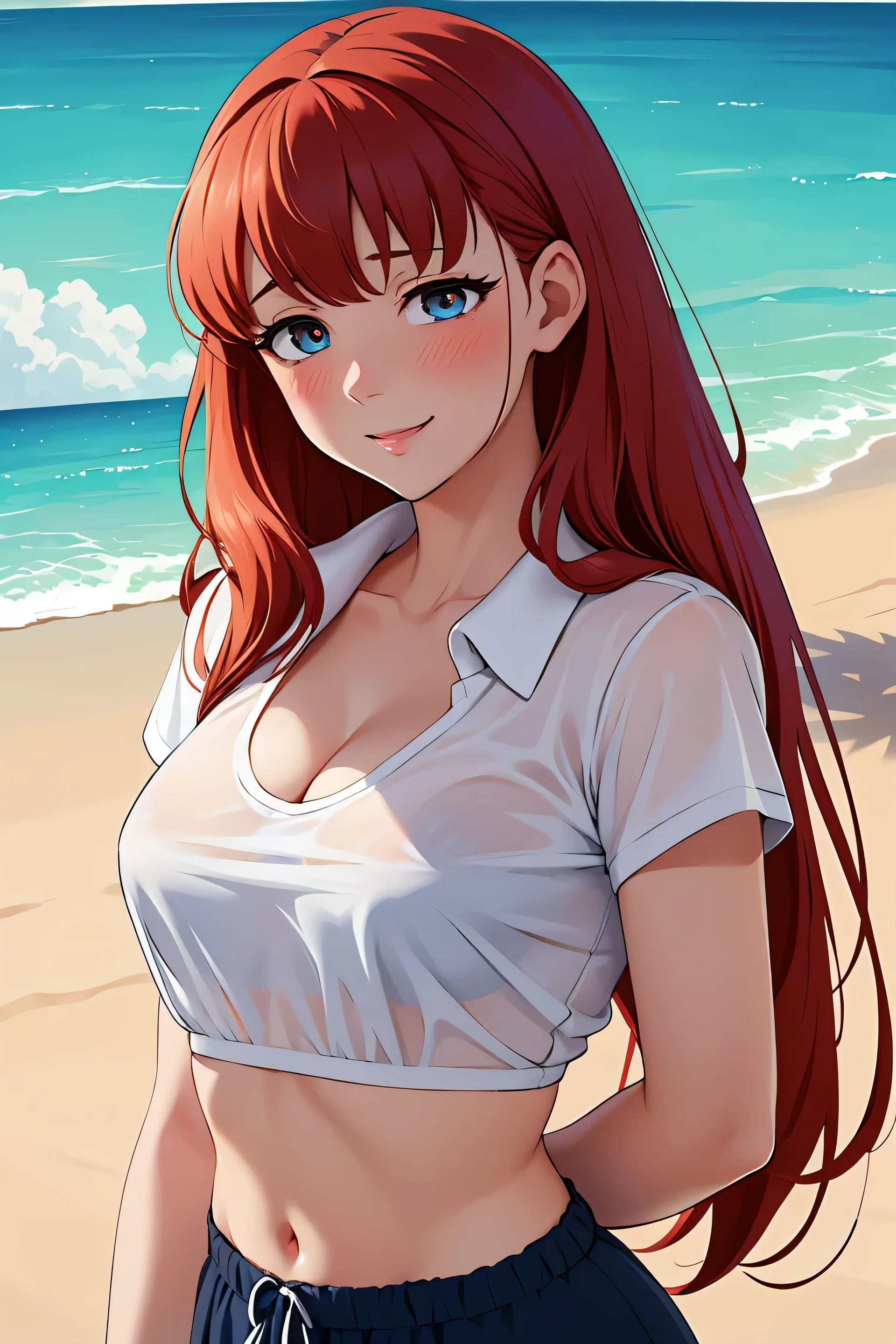 very detailed eyes, very detailed pupils, Anime style, Painting, absurderes、perfect anatomia、Hani , azur Bra visible、breasts out、long hair, ‎cleavage of the breastsmall breasts, on the beach, see-through, The shirt, red blush, smile, redhead, red hairs, azur string, looking away