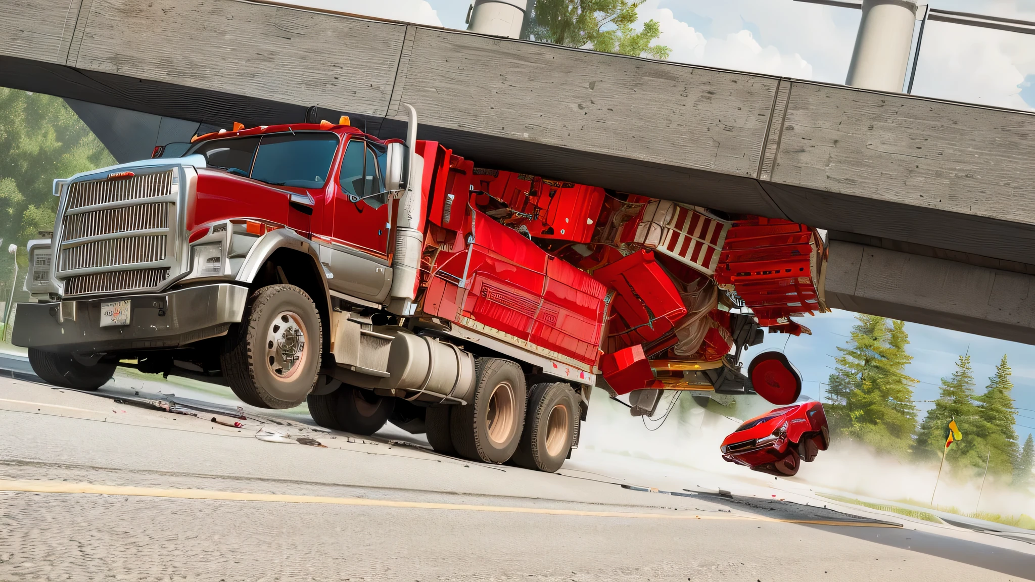 there a red truck with a large red umbrella on the back, a hyper realistic, semi-realistic, semi - realistic, an ultra realistic, exploitable image, realistic scene, semi - realistic render, hyper realistic”, super realistic”, hyper realistic ”, semi realistic, traffic accident, highly realistic”, best on adobe stock, hyper - realistic render, hyper-realistic render