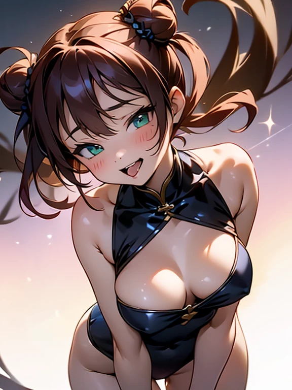 character girl 1,smile,sexy pose,perfect body,green eyes,sparkling eyes,leaning forward,Breast flick,slit,big breasts,big breasts,low length,He is short,heart background,thin waist,redhead,bun hair,long tongue,white cheongsam,open your mouth,stick out tongue,small clothes,change,small body,luxury background