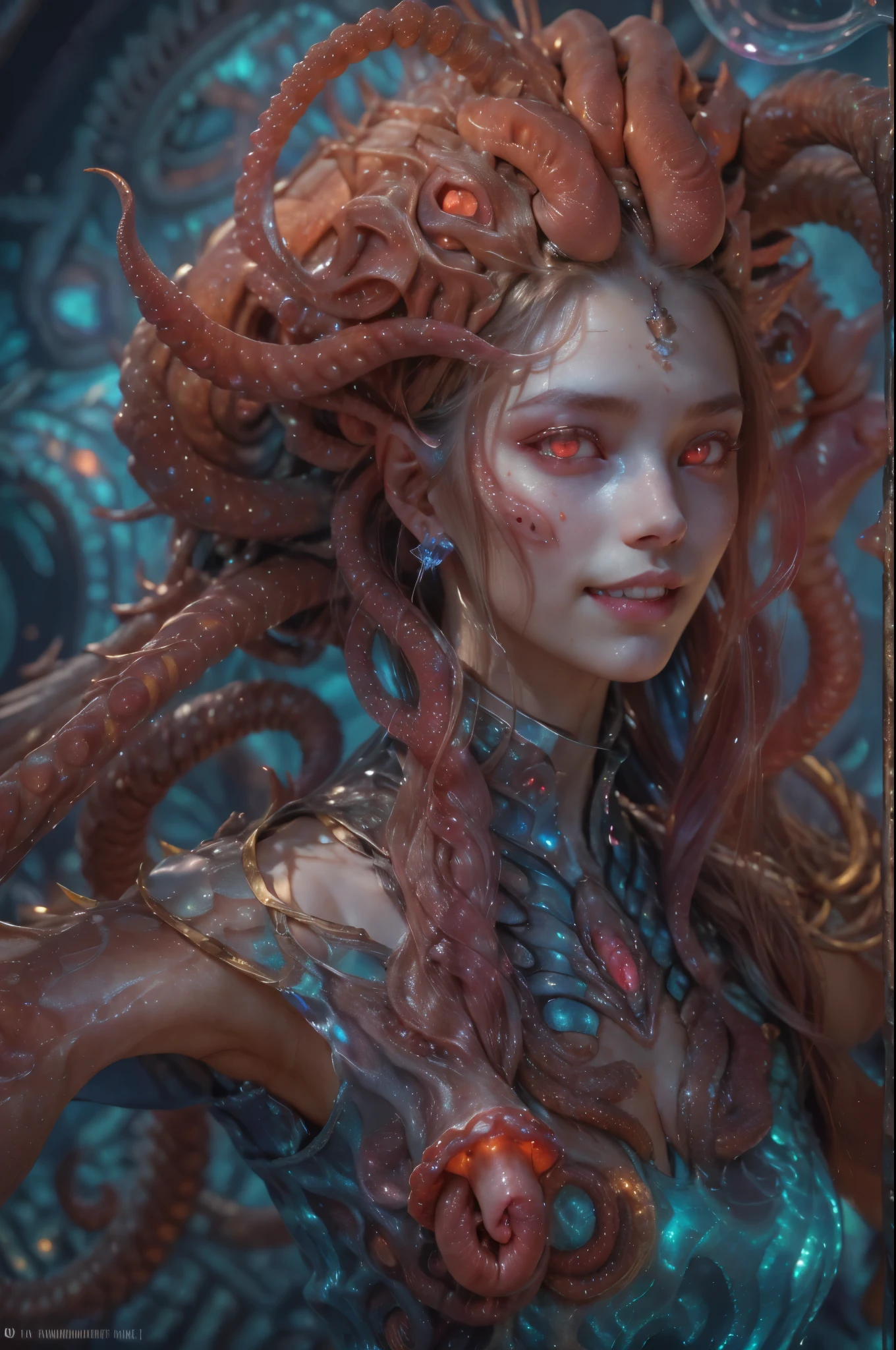 scary and sexy detailed art in color, Portrait, (beautiful and obscene female alien:1.4), (vulgarity1.5), (she has red eyes with no pupils:1.8), (Translucent skin:1.7), ((There is a female genital-like organ in the middle of the forehead:1.9)), (The most beautiful face in the history of the universe:1.2),an evil gaze that seduces, (large mouth:1.1), (sharp teeth like a vampire:1.2), Full body portrait, (bio luminescent:1.5), (Smile wickedly:1.3), (sexypose:1.5), incredibly beautiful alien, (she has unparalleled beauty:1.5), No humans, cells are fused, (Lots of translucent tentacles:1.3) extraterrestrial, cell, bio image, best quality, 8K,In 4K_quality, High freshness, Dramatic Lighting, masutepiece:1.5,cinematic quality, detail up, (exquisite details:1.2), high resolution, High freshness, drawing faithfully, (Thick eyebrows:1.2), Beautiful eyes with fine symmetry,(Highly detailed face and eyes:1.2), Intimate face, (Super detailed skin quality feeling:1.4), perfect anatomy, (Beautiful toned body:1.5), (Moist skin:1.2), not wearing makeup, (dark circles:1.1), long canines, cinematic drawing of characters, ultra high quality model, cinematic quality, detail up, (exquisite details:1.2), high resolution, High freshness, drawing faithfully, official art, Unity 8K Wall , 8K Portrait, best quality, Very high resolution, ultra detailed artistic photography, midnight aura, unreal engine 5, Ultra Sharp Focus, art by Amano Yoshitaka, ArtGerm, Roisch, intricate artwork, best quality, masterpiece, ultra high resolution, (photos realistic:1.4), ultra realistic realism, dream-like, nautilus, Creation of fantasy, Snail, Dream Snail, (biopunk nautilus:1.3),Thrilling color schemes, ultra realistic realism, seductively smiling, Blue tentacles,