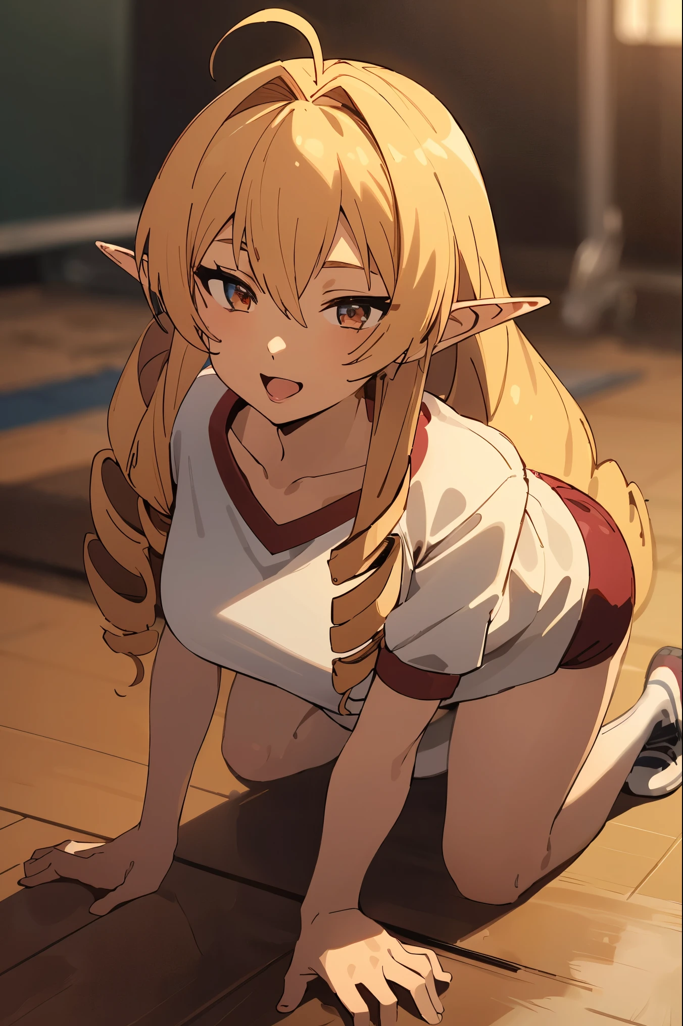  ,super detailed skin,smile,open mouth,day,sunshine ,direct light，sunlight,lighting forward,lighting front,spot light,(((black buruma, school, gym shirts, white t-shirts, gym uniform, Photo of girl in wooden floor school gym room))),all fours,crawling,looking at viewers
best quality, High resolution,(Illustration:0.8), ((Beautiful detailed eyes:1.6)), extra detailed face, extremely details CG, (Perfect hands, Perfect Anatomy),masterpiece,perfect anatomy,anime keyvisual, geme cg,(((blonde hair, very long hair,pointy ears,twin drills,red eyes,ahoge,elf,drill hair,hair between eyes,bangs,hair intakes,hair behind ear))),cowboy shot,slim thighs ,