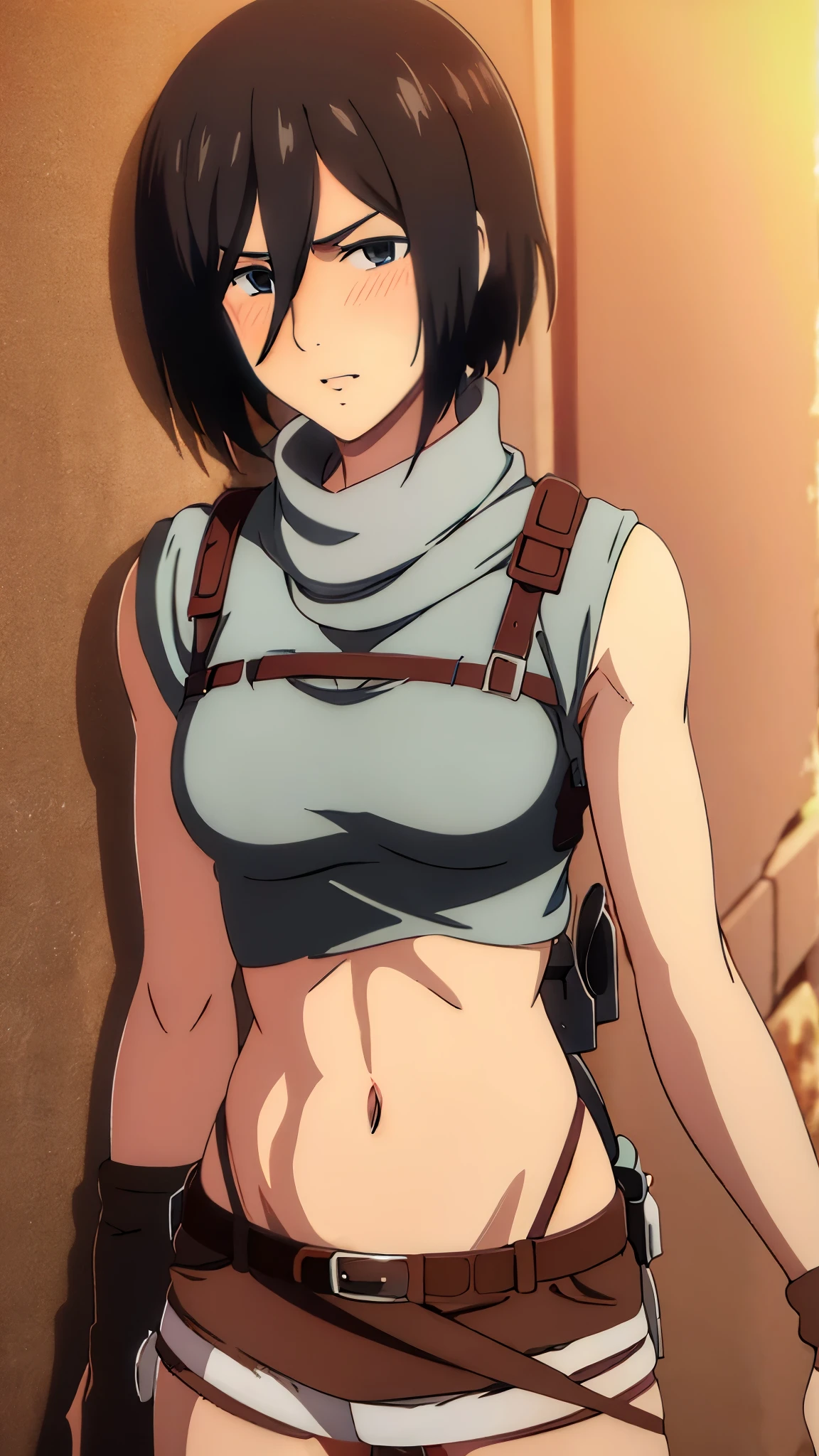 mikasa ackerman, shingeki no kyojin, attack on titan, black hair, belly, stomach, abs, navel, muscle, side boobs, (ultra high quality), detailed, 8k, masterpiece, looking viewers, medium breast, perfect face, mini skirt, red syal, sfw, blush face, denim short, crop tanktop