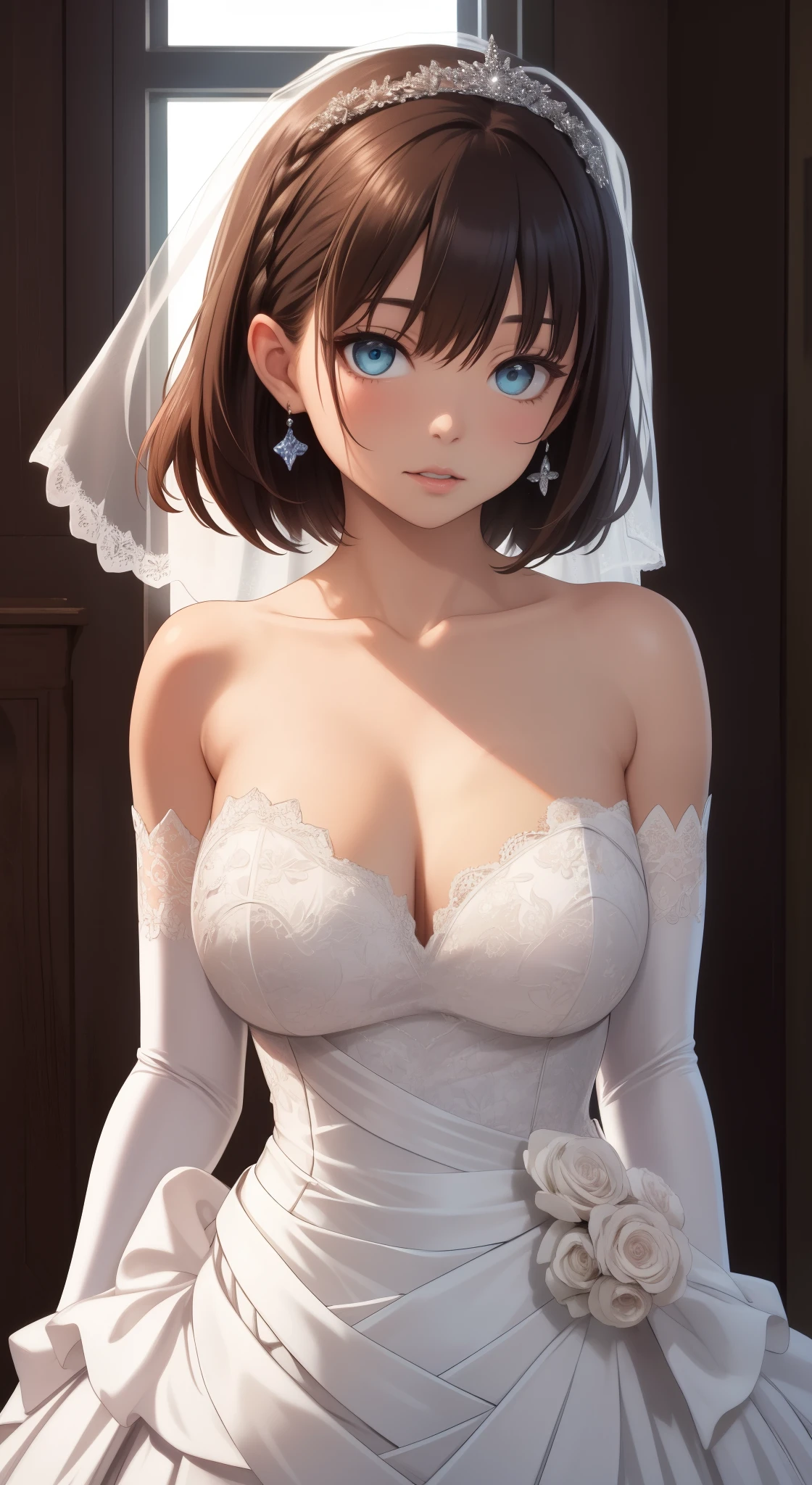 masterpiece, best quality, highly detailed, ultra high res, aichan, large breasts, 1girl, solo, blue eyes, short brown hair, braid, glossy lips, collarbone, wedding dress, one foot extended, elbow gloves