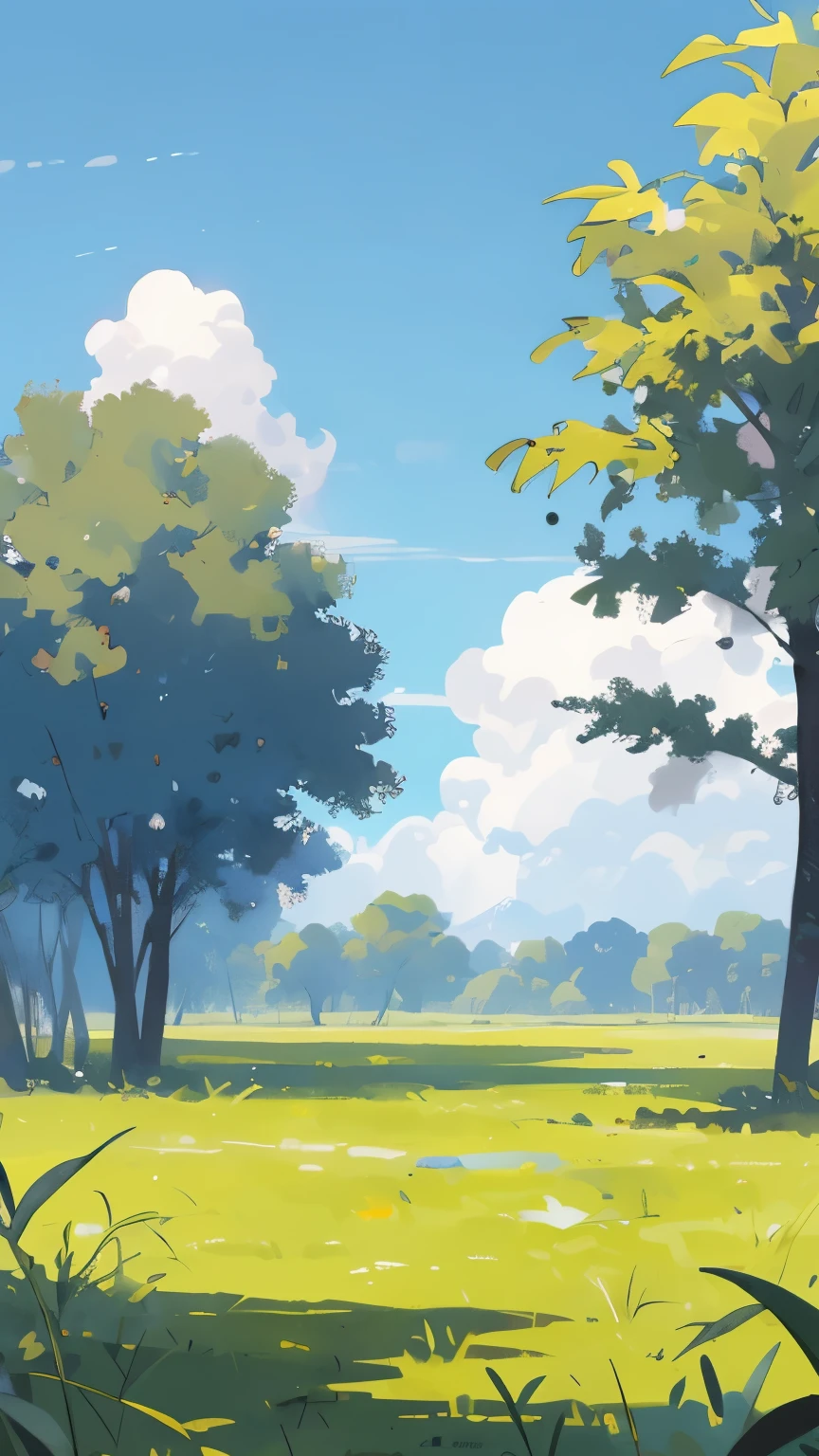 Empty meadow,There are trees in the distance,jungle,clear sky,
No trees or grass in front of the camera