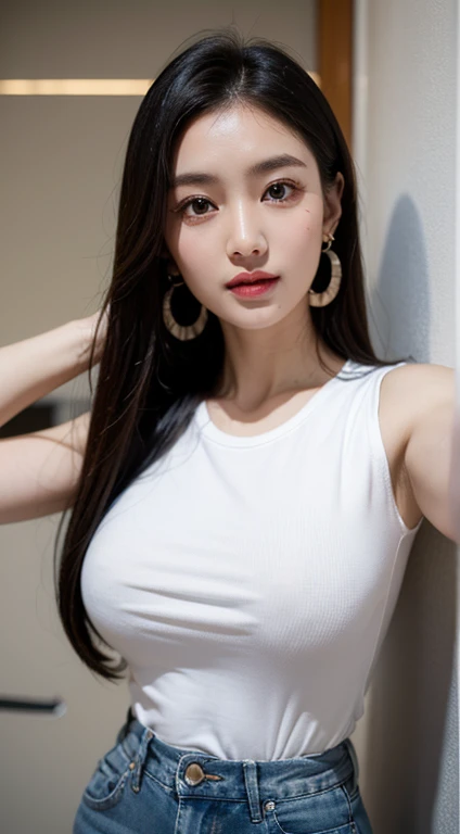 realistic, high resolution, 8K wallpapers, Complete dynamic configuration, beautiful detailed eyes, normal sized eyes, long straight hair, gray colored hair, vibrant lips, big bust, Random and plain generic poses, random case, white skinny t-shirt, skinny jeans, breast swelling, smile, 35 years old, Korean woman, (drooping eyes 1.2), The ends of the eyebrows droop slightly, very beautiful appearance, natural makeup, A photo showing the entire body, beautiful body, gucci earrings, chanel bag, Selfie