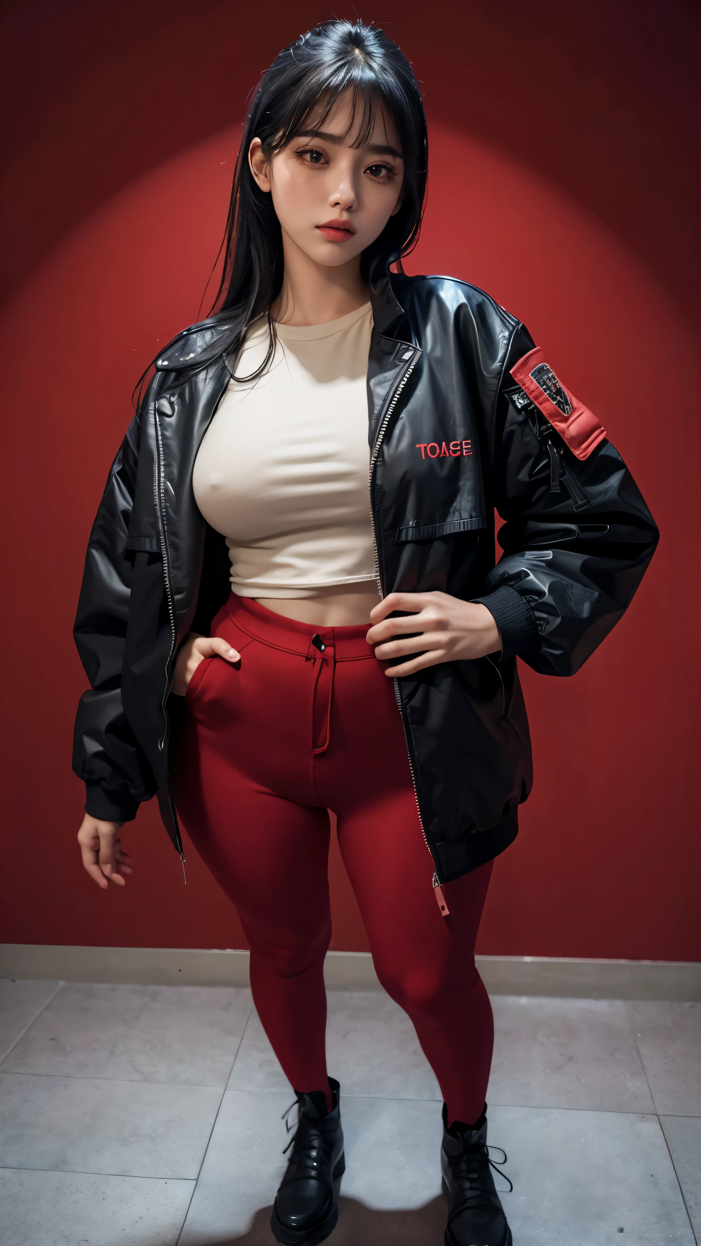 1girl,((closed jacket outfit)) red background background,((very beautiful girl)), , ((long eyelashes)), full body, (wearing closed clothes), ((mugshot)), (((sfw))), ((proportional body)), ((full body))