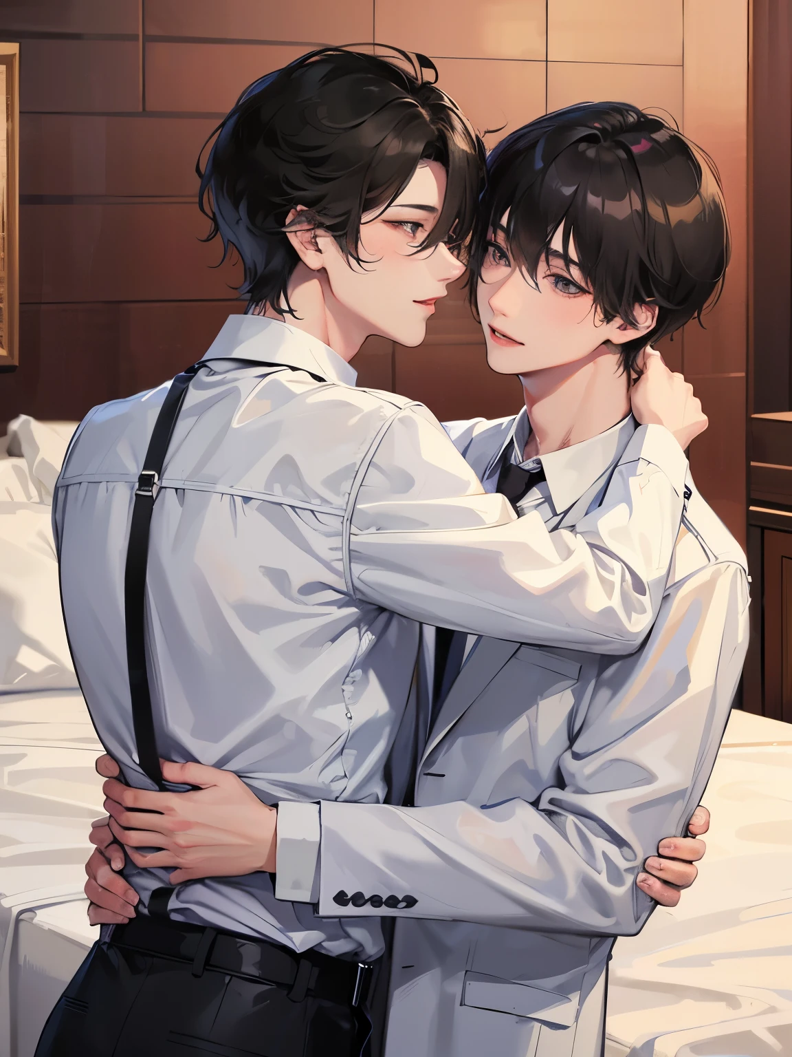 身長差のあるtwo men性、tall men and short men、Black-haired man、Man hugging each other、detailed face、happy look、Lovers、Boys Love、make love、two men、NSFW