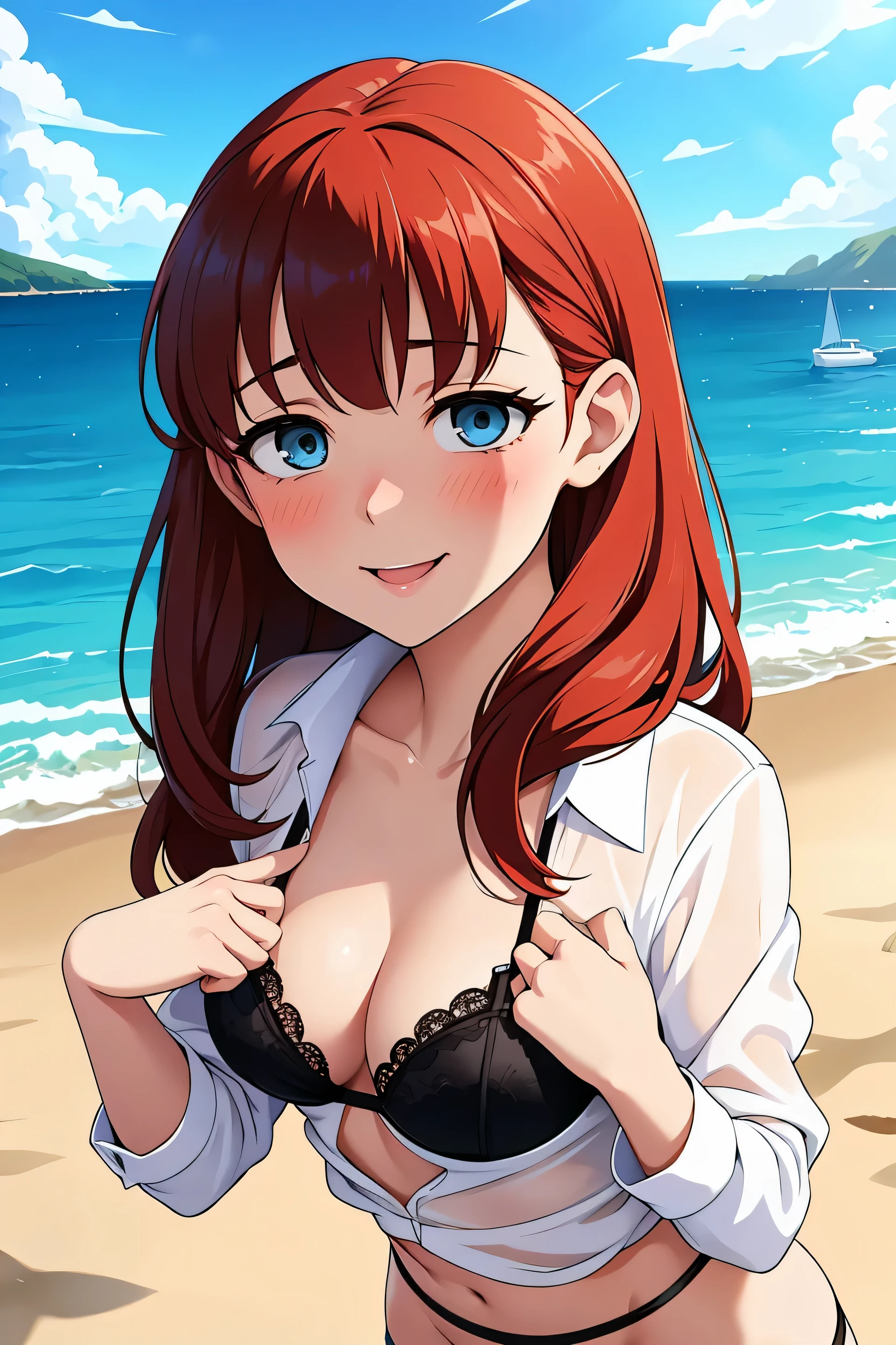 (perfect eyes), Anime style, Painting, absurderes、perfect anatomia、Hani , azur Bra visible、breasts out、long hair, cleavage of the breast, small breasts, on the beach, see-through, white shirt, red blush, smile, redhead, red hairs, azur string, looking at the ground, black panties, black bra