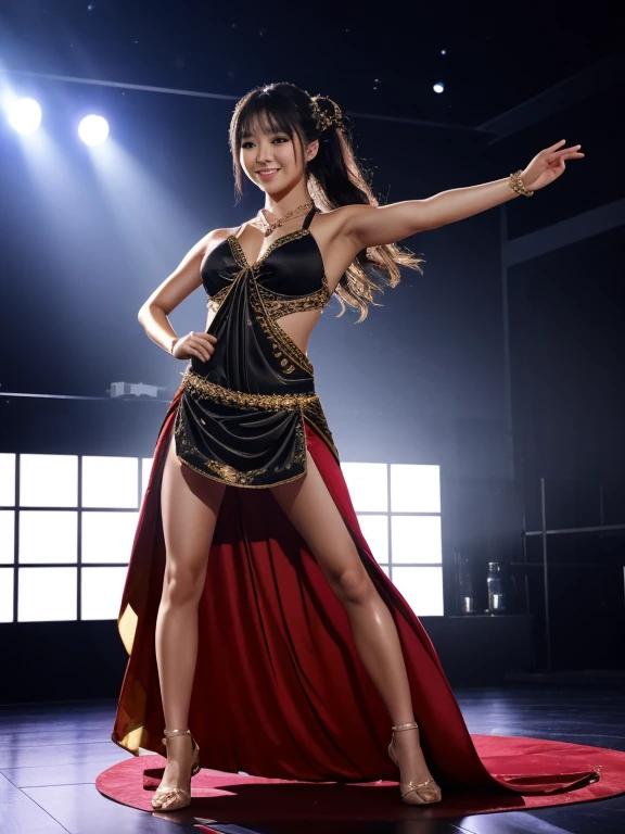 master piece、Ultra high resolution photo quality、cinematic camera work、Video of the entire stage、long shot、Looks like a whole body、modern japanese strip theater、wide stage、wide seat、very beautiful Japanese female dancer、athlete、very sexy、Very long and beautiful strong arms and beautiful abs、Her fine skin is very beautiful、Sweaty beautiful bright smile、healthy、kind、Noble、refinement、warmth、raise one leg、active pose、yoga、gorgeous beautiful dress beautiful stage costume、Dramatic and gorgeous beautiful lighting、Spotlight、Laser beam、smoke effect、clear acoustics、round table stage、body chain、