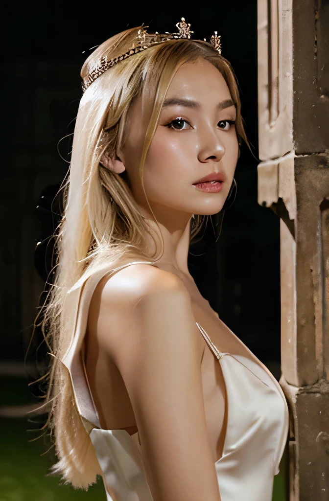Asian,blonde,wearing a crown,evening dress,Noble,In the castle,High and cold personality,White skin