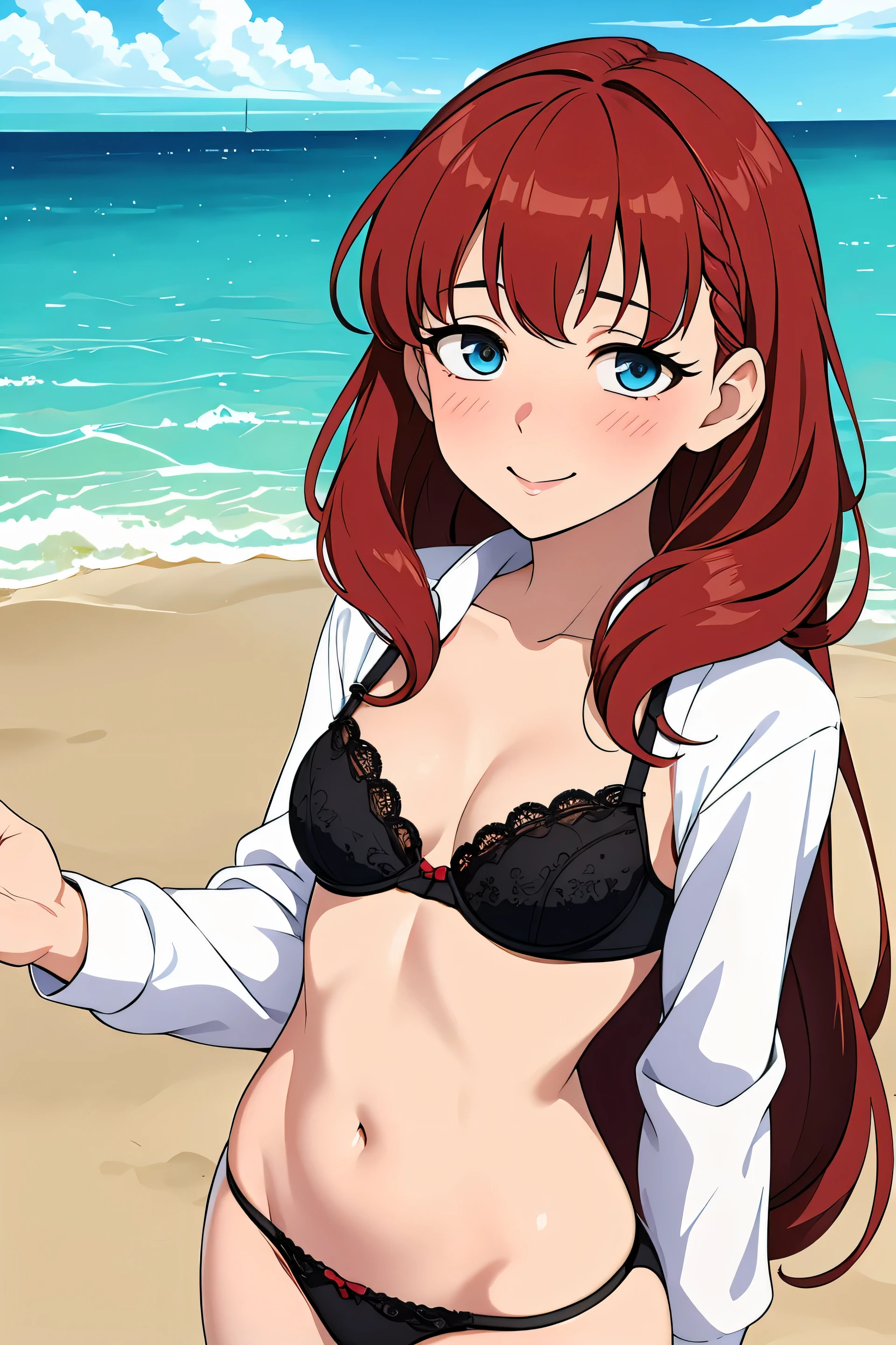 (perfect eyes), Anime style, Painting, absurderes、perfect anatomia、Hani , azur Bra visible、breasts out、long hair, ‎cleavage of the breast, small breasts, on the beach, see-through, white shirt, red blush, smile, redhead, red hairs, azur string, looking at the ground, black panties, black bra, away from the camera