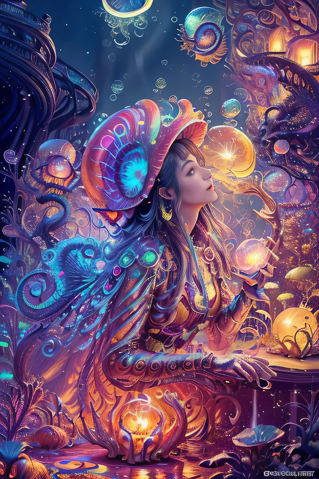 (((Dream world)))、((best quality))、((master piece))、((super resolution imaging))、detail、GdClth、(photo realism:1.4)、((surreal realism))、(((dream-like)))、((beautiful goddess))、((accurate anatomy))、((Phoenix))、((Peacock))、((moon))、(((rain)))、((thunder))、(((lightning)))、(((Bubble)))、(((Soap bubble)))、((nautilus))、((fish betta))、(((fantasy creation))) ,(((biopunk nautilus))),(((thrilling color scheme))),(((surreal realism))),(((abstraction))),(((psychedelia))),(((A swirling image))), (((フラクタルアートのBubble))), (cowboy shot, wide shot,)、