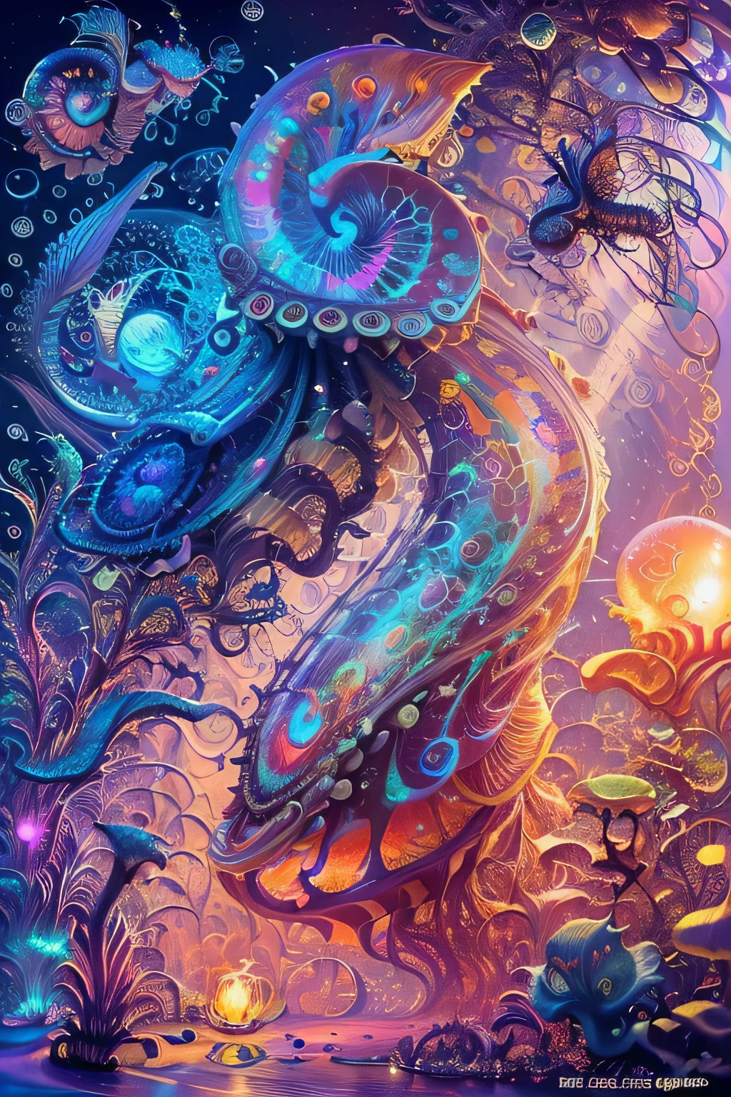 (((Dream world)))、((best quality))、((master piece))、((super resolution imaging))、detail、GdClth、（photo realism：1.4）、((surreal realism))、(((dream-like)))、((beautiful goddess))、((accurate anatomy))、((Phoenix))、((Peacock))、((moon))、(((rain)))、((thunder))、(((lightning)))、(((Bubble)))、(((Soap bubble)))、((nautilus))、((fish betta))、(((fantasy creation))) ，(((biopunk nautilus)))，(((thrilling color scheme)))，(((surreal realism)))，(((abstraction)))，(((psychedelia)))，(((A swirling image))), (((フラクタルアートのBubble))), (cowboy shot, wide shot,)、
