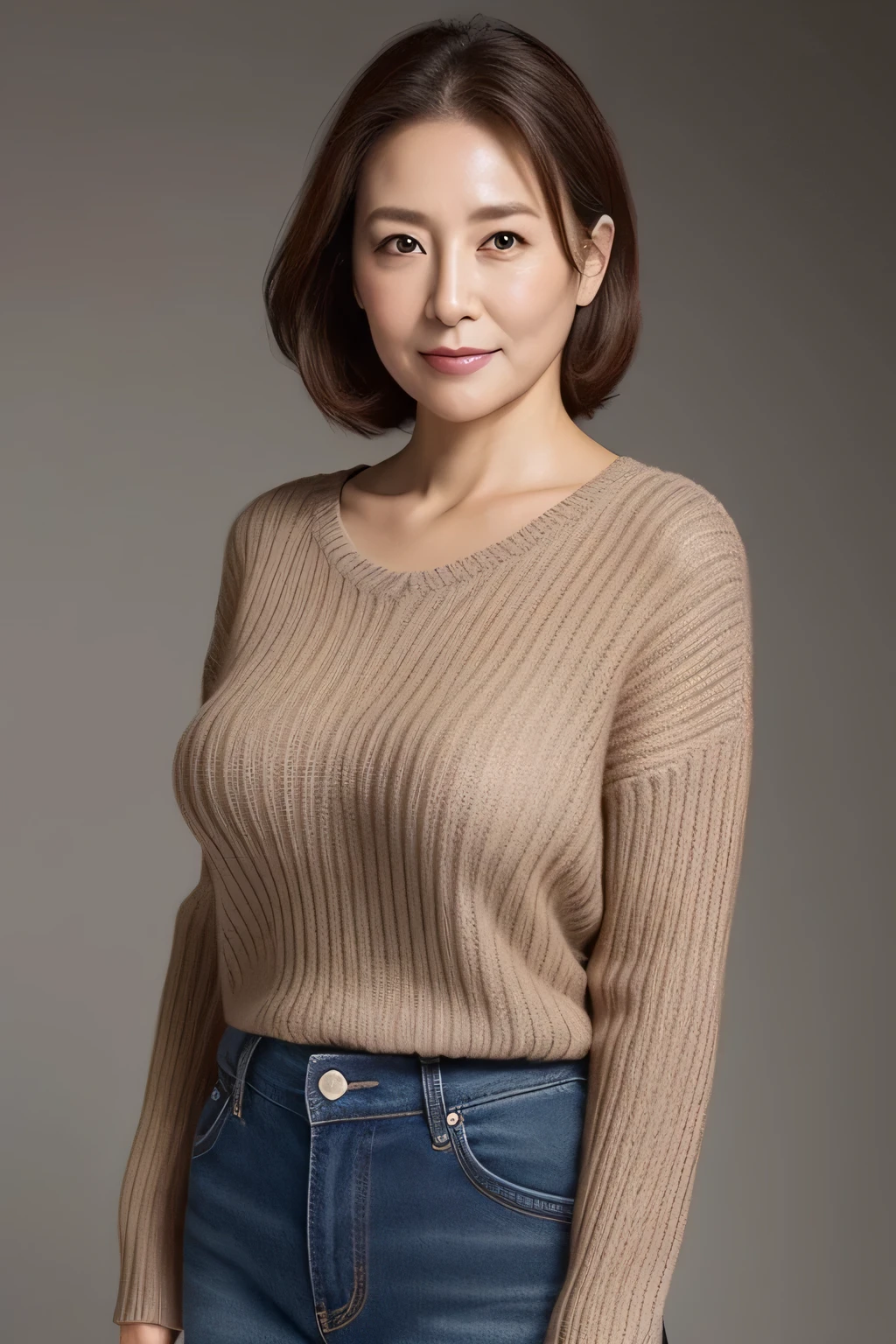 High resolution、High level image quality、high detail、masterpiece、textured skin、anatomically accurate、sharp、gray background((japanese mature、50 years old))、solo、((facial wrinkles))、Big breasts and good shape、Straight light brown hair that reaches to the shoulders、Chubby body type(((Stand upright facing the center of the screen)))、Close your mouth and look straight ahead with a serious face、sweater、The skirt is、((cowboy shot))、