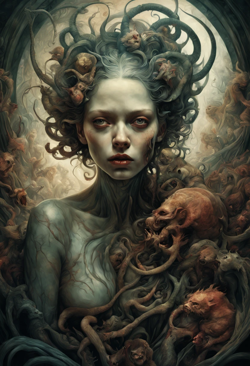 demons, maze of heaven by style of Guillermo del Toro, Adrian Donoghue, Alberto Seveso, Anna Dittmann, Arthur Rackham, Giger, centered,, highly detailed, extremely detailed, delicate detail, crisp quality, ultra realistic, hyperrealistic, award jenny saville, edward hopper, surrealism, dark art by james jean, takato yamamoto,