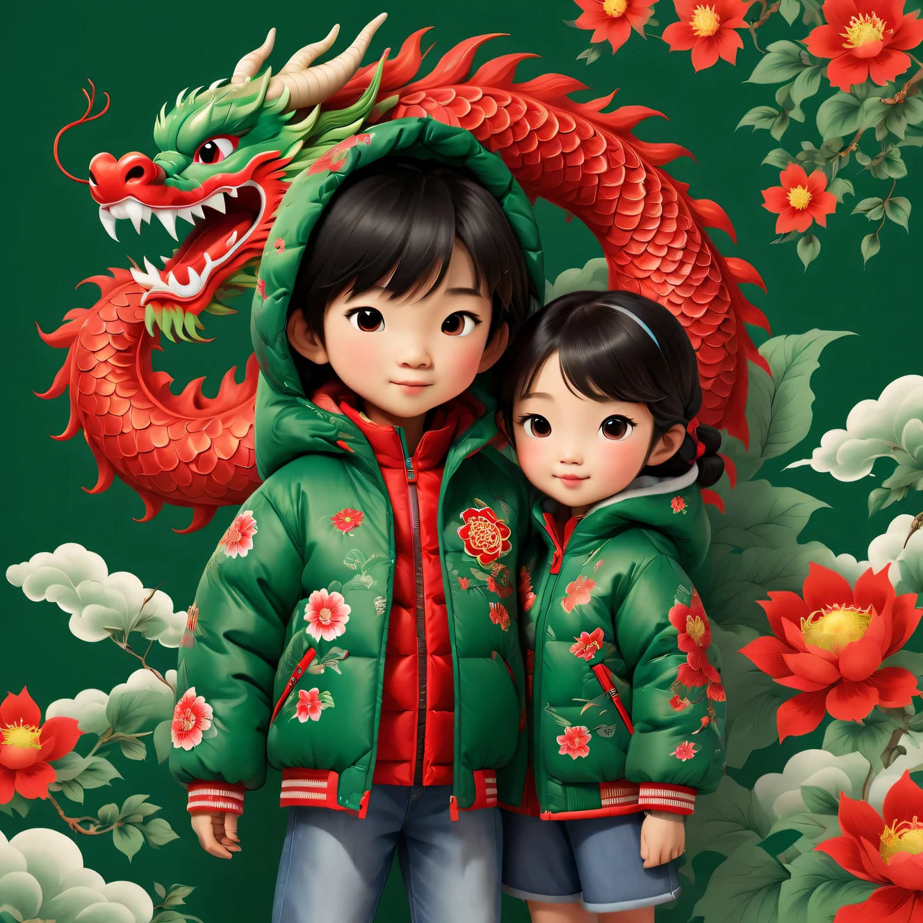 wallpaper design，2024，（Close-up of the cute and human zodiac dragon and the  Chinese boy and girl wearing northeastern red and green cotton-padded jackets），Northeastern large-flowered cotton-padded jacket inspired by 2023 Chinese college student fashion apparel，（Bowing action：1.34）, background：Chinese safflower cotton cloth，country style，,very festive, Chinese elements, New year, super fun, illustration, cartoon, 32k, Pixar style，