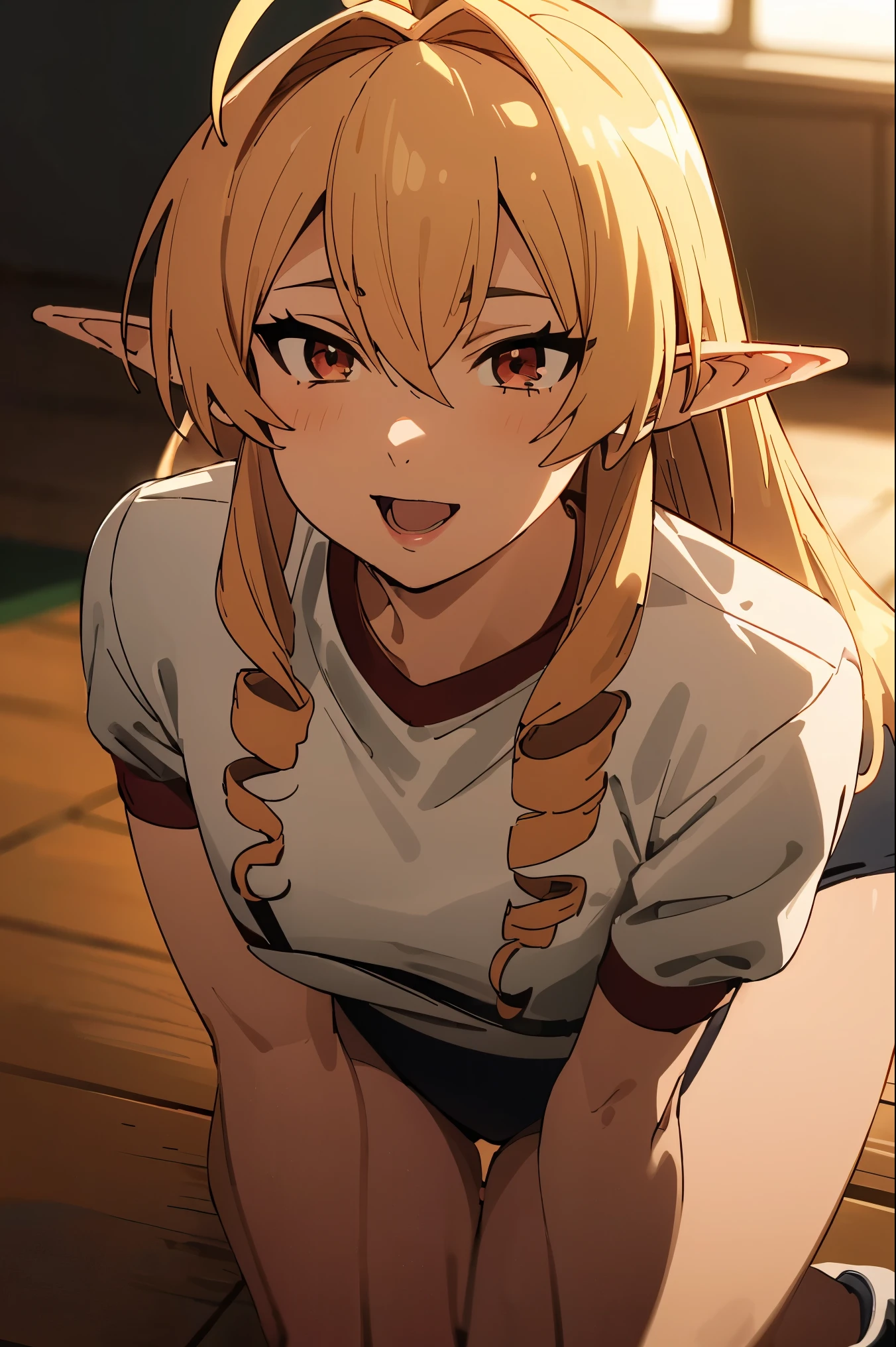 NSFW,1girl,1boy,fellatio ,super detailed skin,smile,open mouth,day,sunshine ,direct light，sunlight,lighting forward,lighting front,spot light,(((black buruma, school, gym shirts, white t-shirts, gym uniform, Photo of girl in wooden floor school gym room))),all fours,crawling,looking at viewers
best quality, High resolution,(Illustration:0.8), ((Beautiful detailed eyes:1.6)), extra detailed face, extremely details CG, (Perfect hands, Perfect Anatomy),masterpiece,perfect anatomy,anime keyvisual, geme cg,(((blonde hair, very long hair,pointy ears,twin drills,red eyes,ahoge,elf,drill hair,hair between eyes,bangs,hair intakes,hair behind ear))),cowboy shot,slim thighs ,