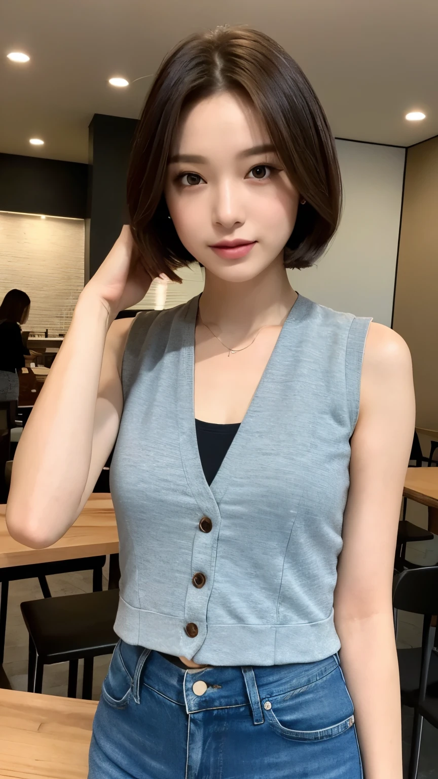 (realistic、high resolution:1.3)、1 girl with perfect body、The face shape and eyes are super thin、short hair、Vest:1 color random.2、short jeans、In the café、coffee on the table、huge