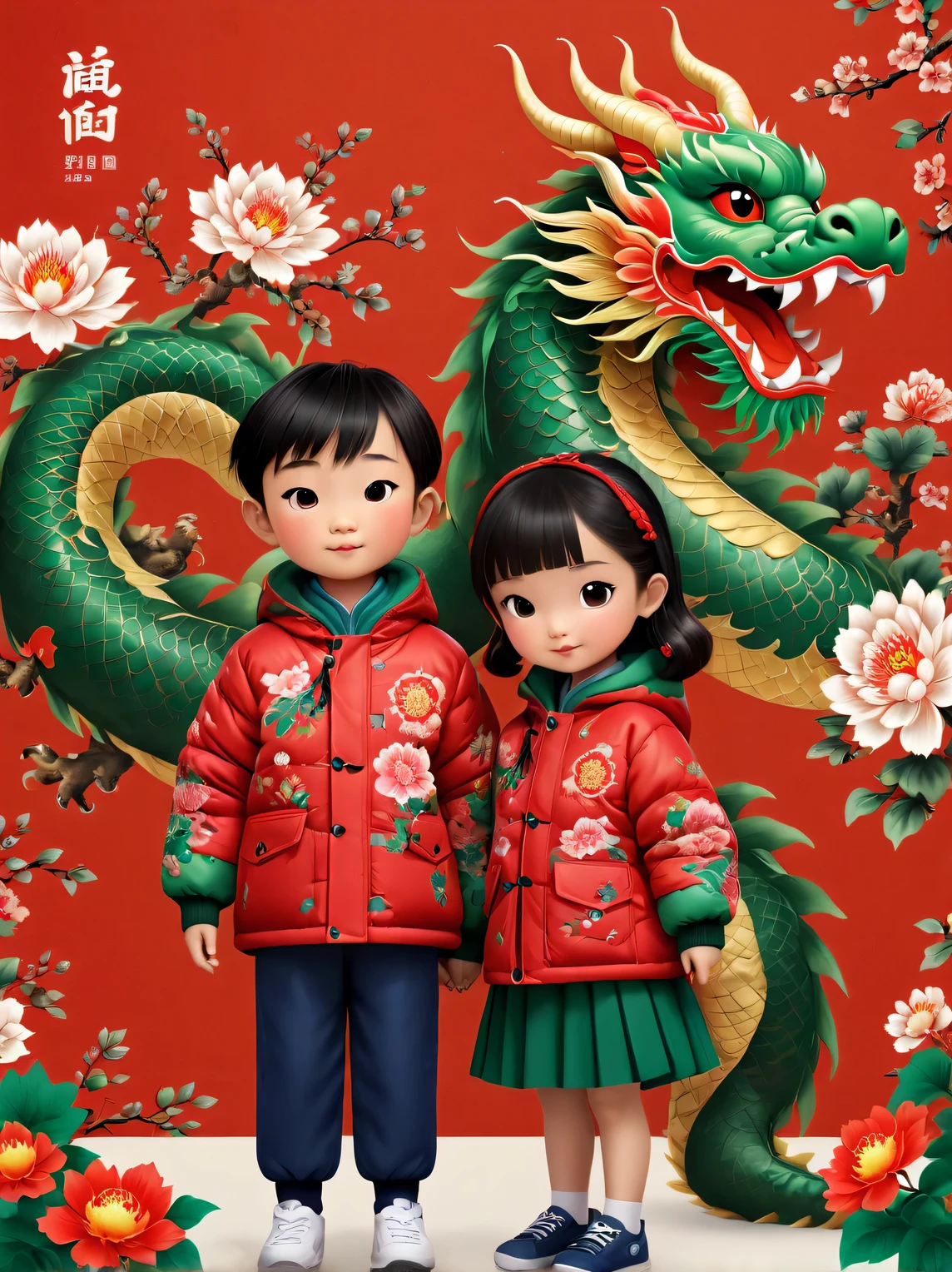 wallpaper design，2024，（Close-up of the cute and human zodiac dragon and the little Chinese boy and girl wearing northeastern red and green cotton-padded jackets）,Northeastern large-flowered cotton-padded jacket inspired by 2023 Chinese college student fashion apparel，（Bowing action：1.34）, background：Chinese safflower cotton cloth，country style，,very festive, Chinese elements, New year, super fun, illustration, cartoon, 32k, Pixar style，