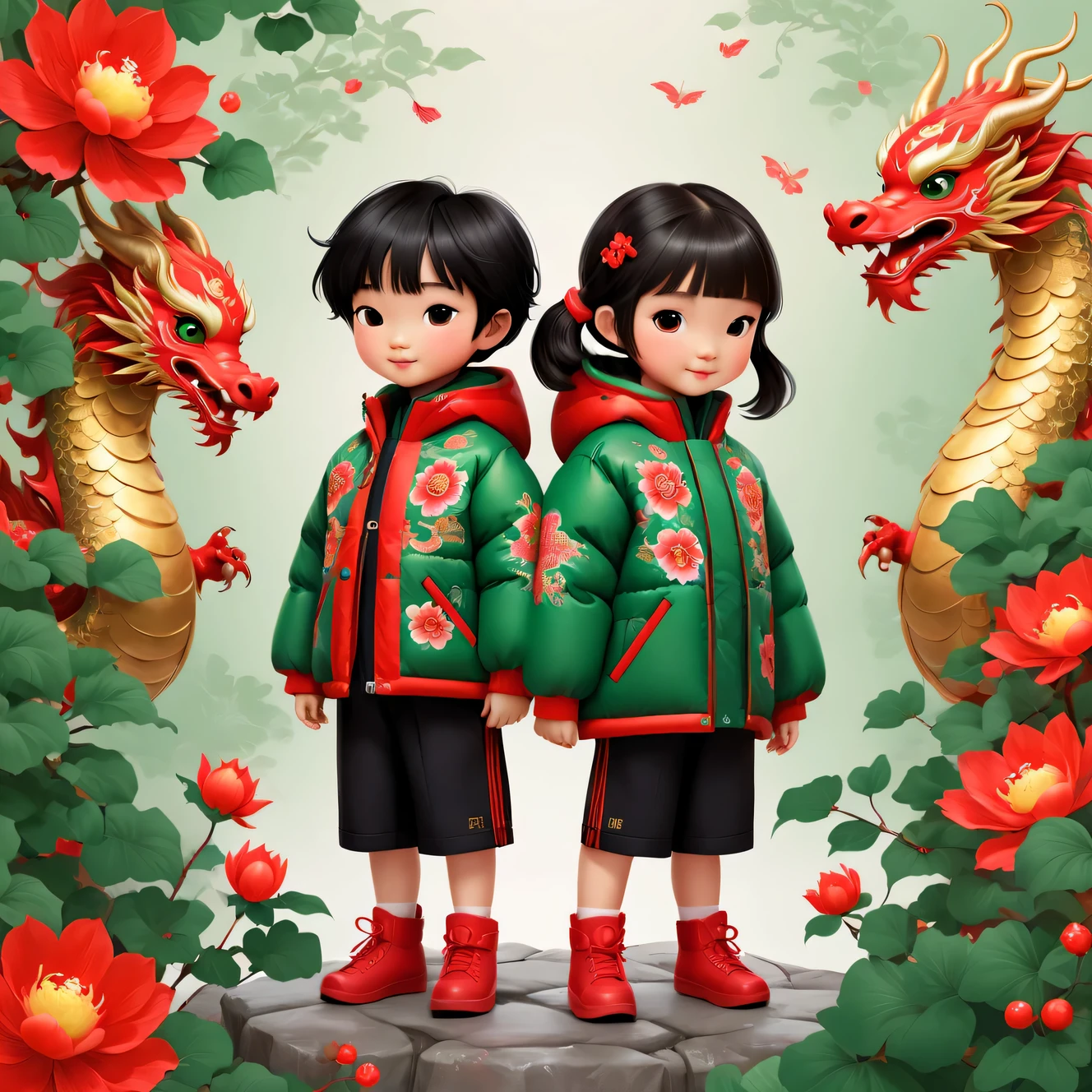 wallpaper design，2024，（Close-up of the cute and human zodiac dragon and the  Chinese boy and girl wearing northeastern red and green cotton-padded jackets），Northeastern large-flowered cotton-padded jacket inspired by 2023 Chinese college student fashion apparel，（Bowing action：1.34）, background：Chinese safflower cotton cloth，country style，,very festive, Chinese elements, New year, super fun, illustration, cartoon, 32k, Pixar style，