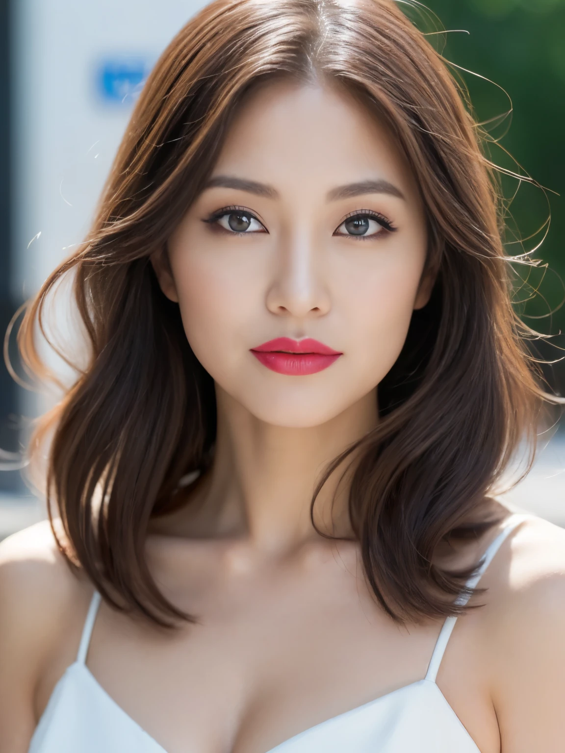 ((Angelina Sole)),((top-quality, 8K, masterpiece : 1.3)), foco nítido : 1.2, Beautiful Women in Perfect Figure : 1.4, Slim abs : 1.2, ((dark brown hair)), (Natural lighting, the city street : 1.1), Very detailed face and skin texture, Detailed eyes, 二重まぶた、((Professional makeup:1.3))、((A sexy mature girl:1.3))、Thick lip、Red lip gloss、eye make up