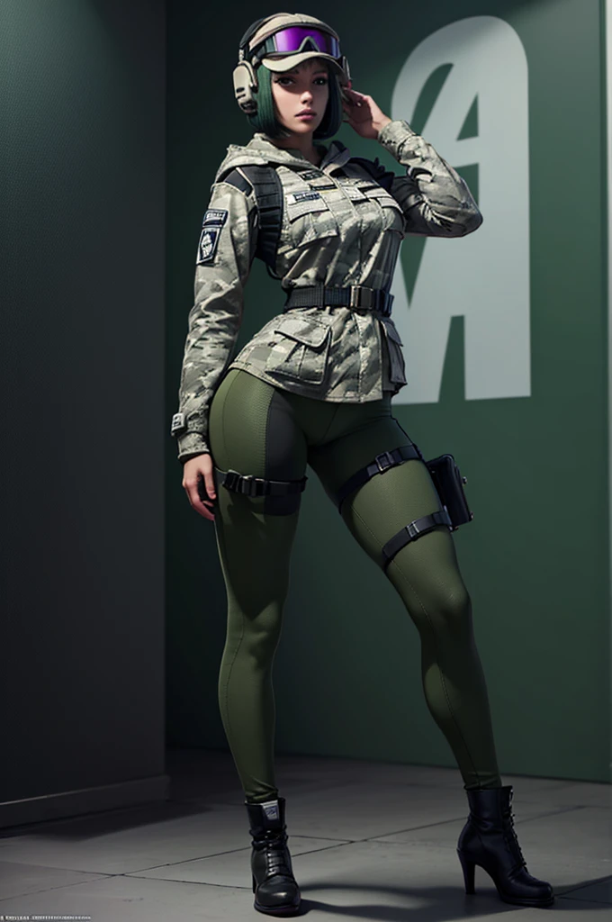 official art, detailed, masterpiece, (1girl),female, beautiful face, mature, alluring face, ela, green hair, Bob cut,breasts, ass, pussy, full body, (camouflage:1.2), (WHITE hat:1.3), military, headset, bag, uniform, holster, goggles, headphones,jacket, hood, military uniform