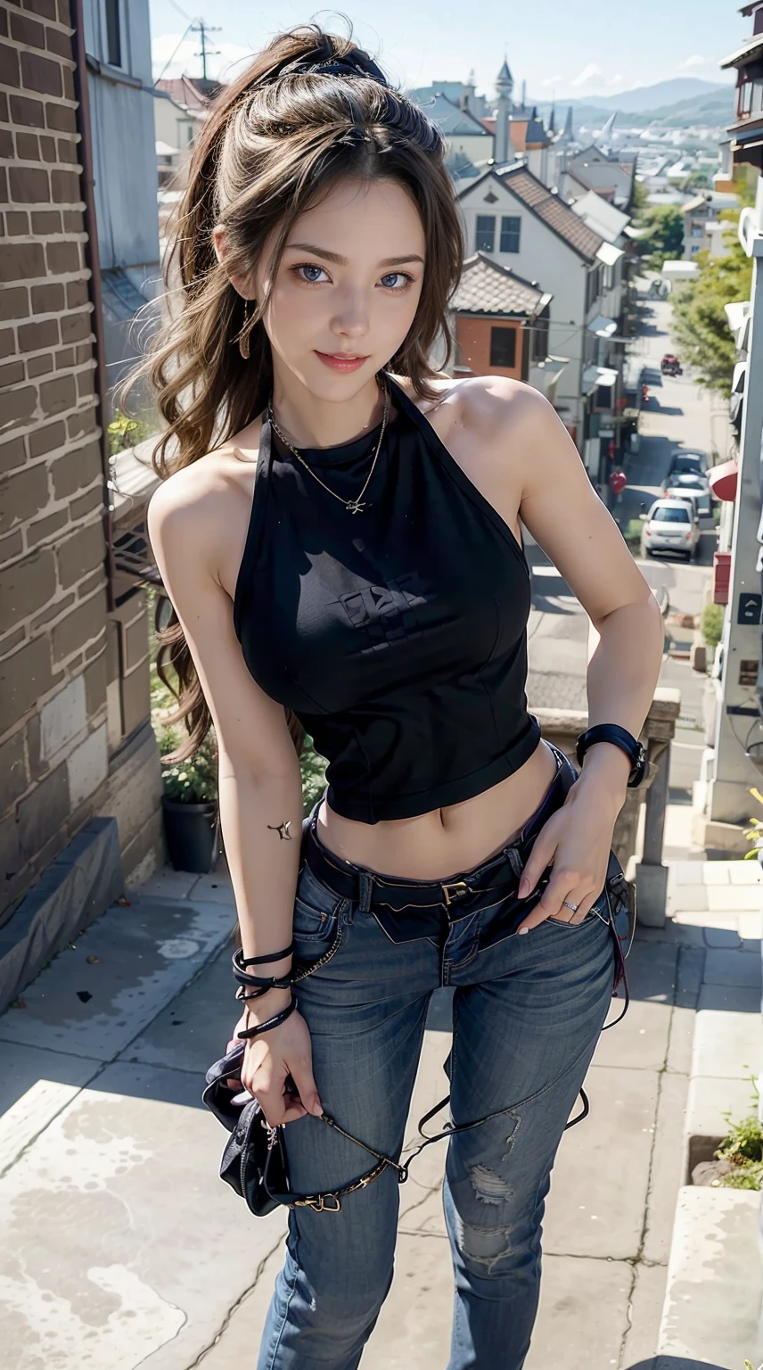 22 year old white female、Hair color is brunette、blue eyes、long hair、The ends of the hair are wavy、accessories on wrist、wearing a necklace、has earrings、skin is smooth、Slender but muscular body、smile、Wearing a sleeveless black high-neck zipper-up top、wearing skinny jeans、Climbing the steep stone steps to the top of the long, narrow hill in the old town、smile、I&#39;m wearing a waist pouch、hands on hips