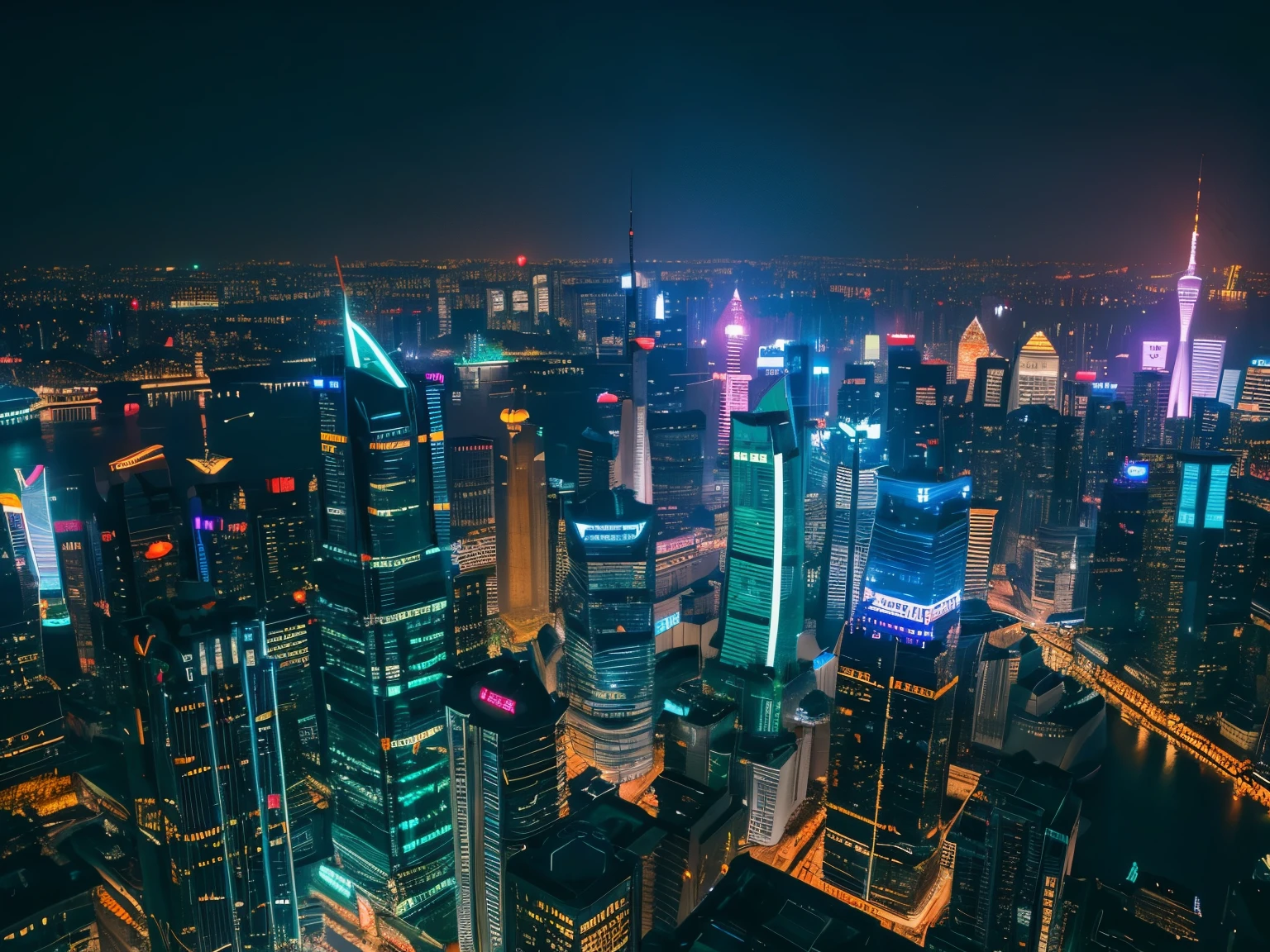Futuristic city and building, cyberpunk city, neon light, Shanghai city, china, bird view, high details, night time, 8k quality, masterpiece