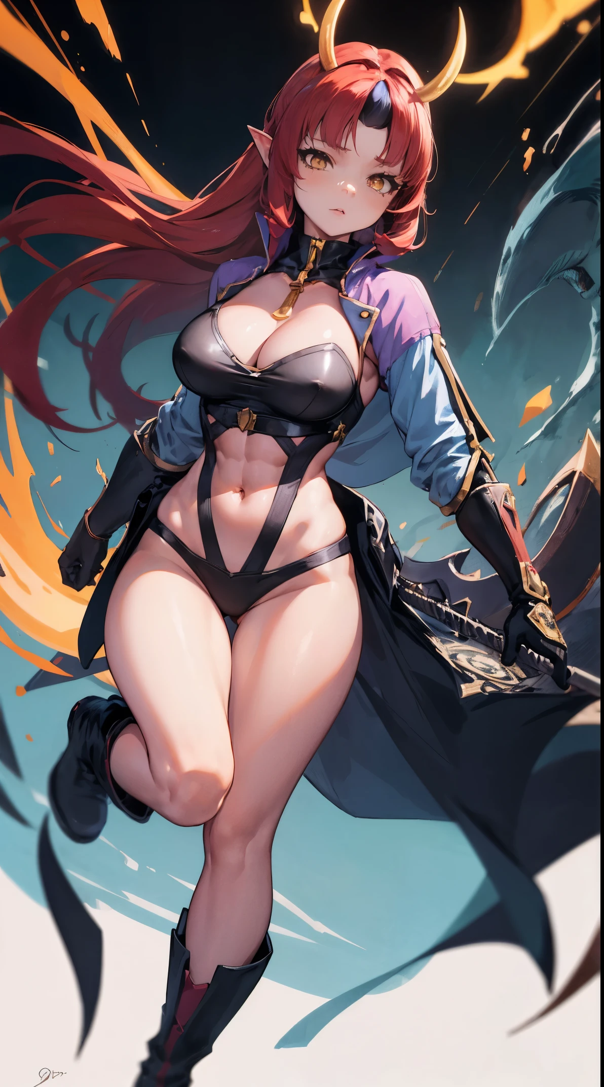 Ogre girl, a horn on her forehead, muscular body, long legs, red hair, yellow eyes, boots, combat gloves, runes on her body, battle clothes, 8k, hd, masterpiece, many details, perfect contours, white background