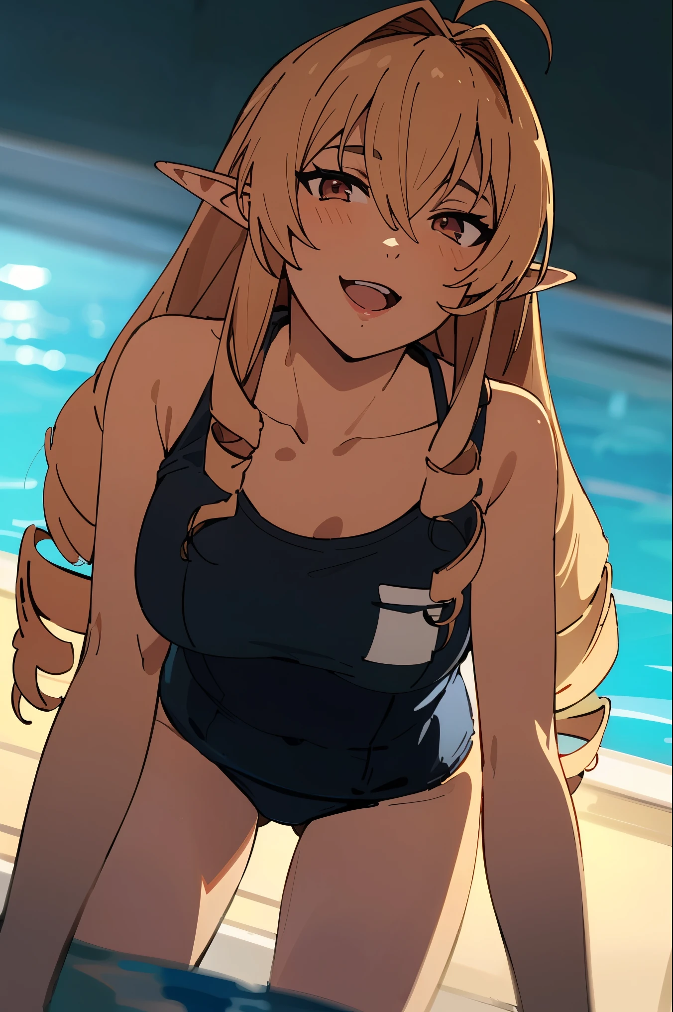  ,super detailed skin,smile,open mouth,day,sunshine ,direct light，sunlight,lighting forward,lighting front,spot light,(((school swimsuit,school pool ))),all fours,crawling,looking at viewers
best quality, High resolution,(Illustration:0.8), ((Beautiful detailed eyes:1.6)), extra detailed face, extremely details CG, (Perfect hands, Perfect Anatomy),masterpiece,perfect anatomy,anime keyvisual, geme cg,(((blonde hair, very long hair,pointy ears,twin drills,red eyes,ahoge,elf,drill hair,hair between eyes,bangs,hair intakes,hair behind ear))),cowboy shot,slim thighs ,