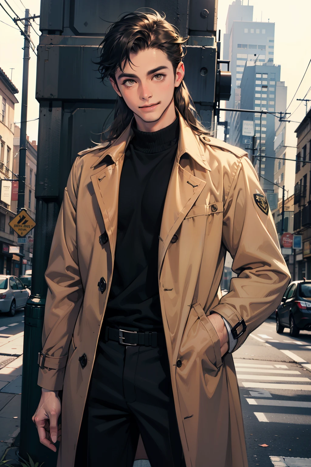 (masterpiece, best quality), 1 male, 23-year-old youth, Tall, Handsome, super slim, Frontal portrait shot, Intricate details, Fine eyes, brown eyes, Intricate details, Brown long Trench coat, Brown mid-long hair, Partial distribution, Hoodie, Casual trousers, smile, city