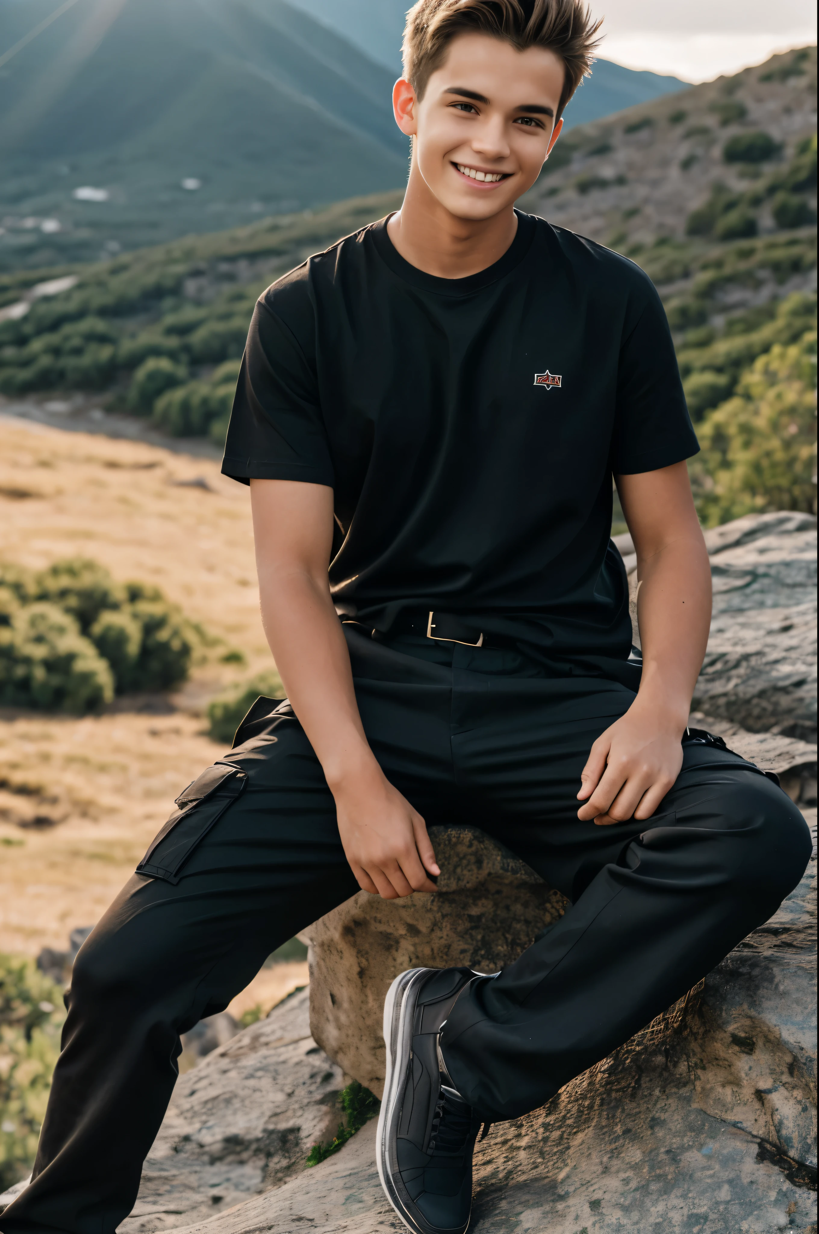 ager boy,19 year old , big forehead, short hairs, light smile, model, sitting on big rock , mountain behind ,black shirt and brown cargo pants, cinematic lights, cinematic lighting, god rays, UHD, masterpiece, ccurate, anatomically correct, textured skin, super detail, high details, high quality, award winning, highres, 4K, HD