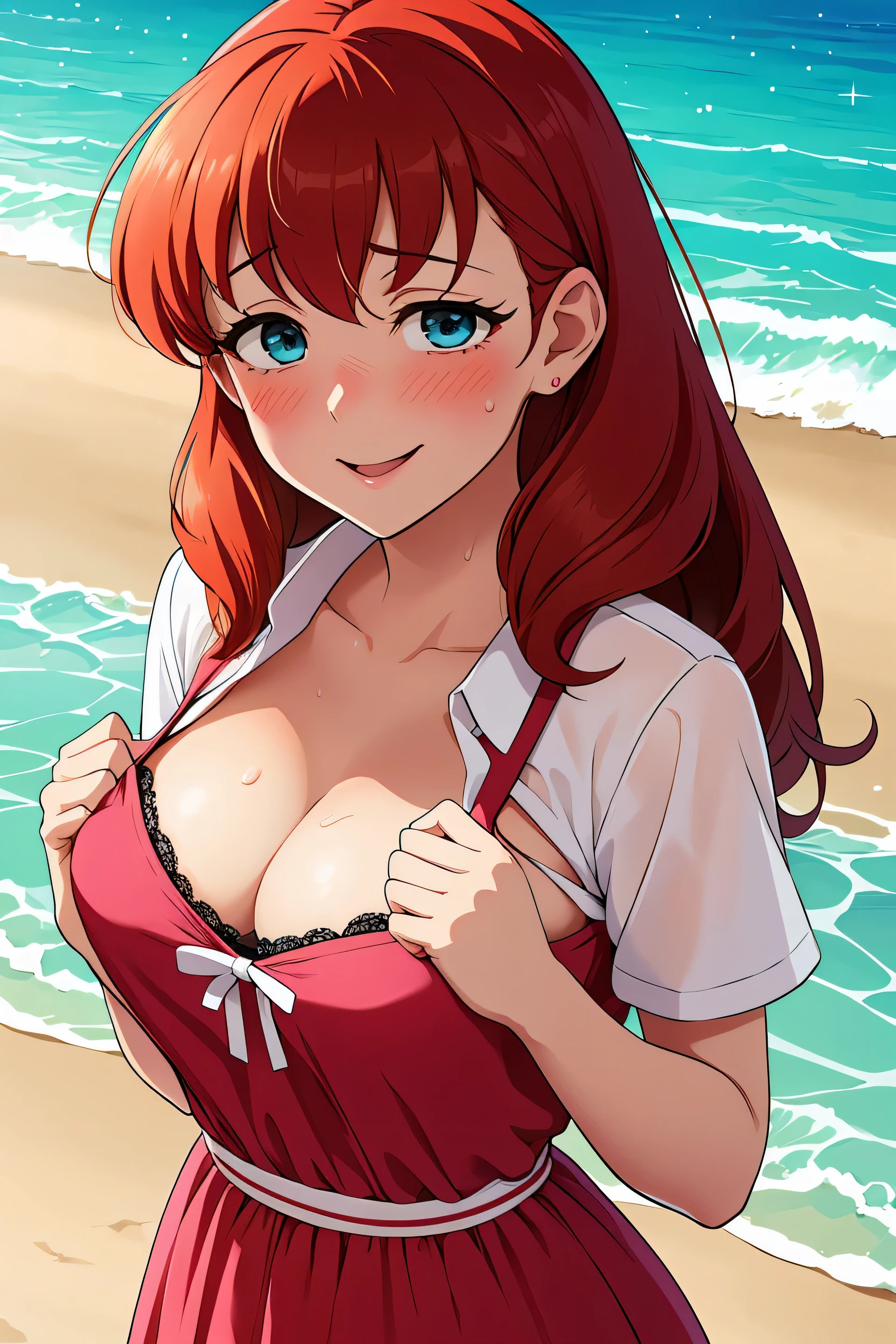 Anime style, Painting, absurderes、perfect anatomia、Hani , azur Bra visible、breasts out、long hair, ‎cleavage of the breast, breasts out , on the beach, see-through, The shirt, red blush, smile, redhead, red hairs, azur string, blue beach dress, sweating