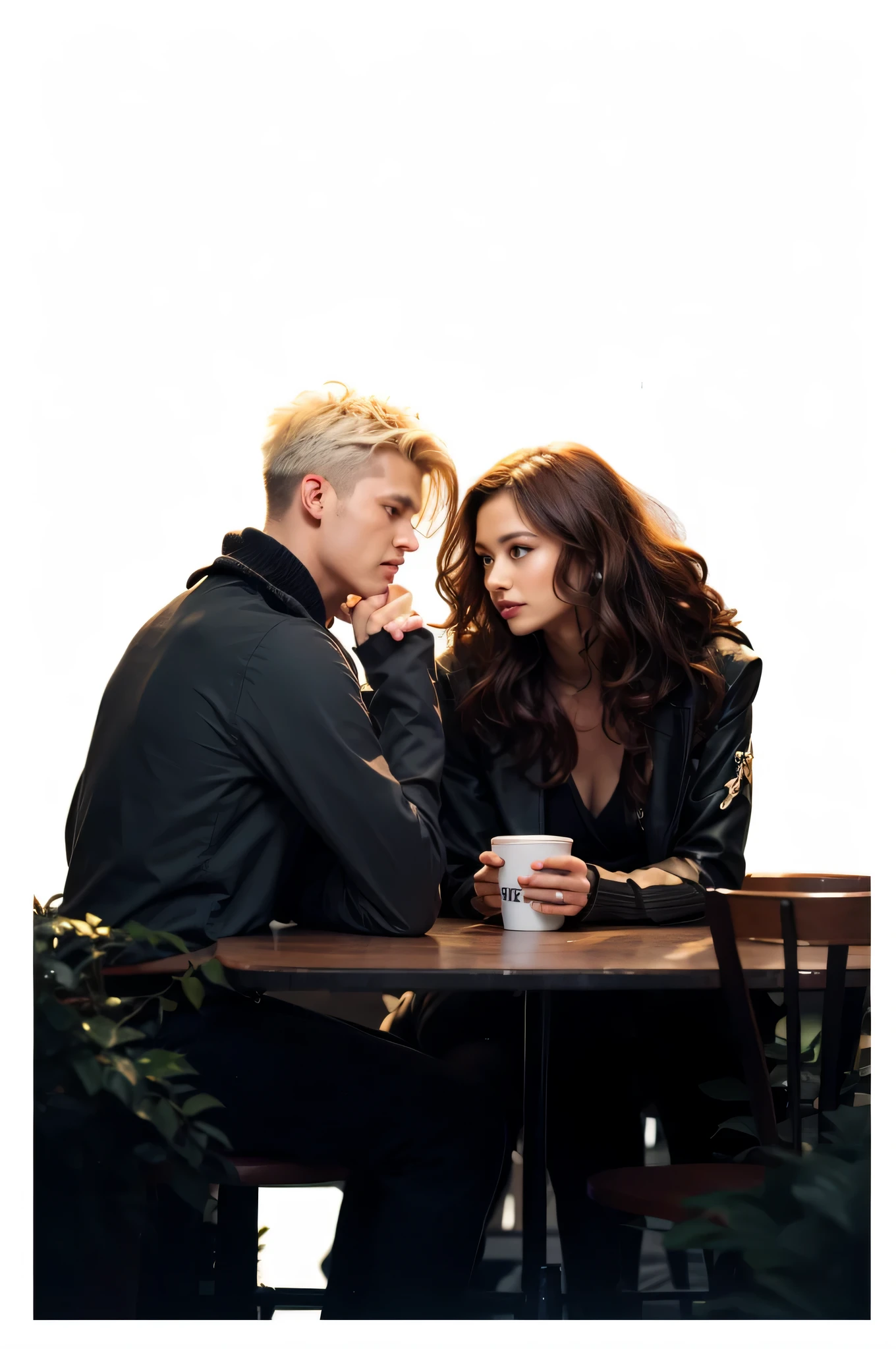 guy with short silver hair, woman with long brown curly hair on a date at a coffee shop, looking into each other's eyes