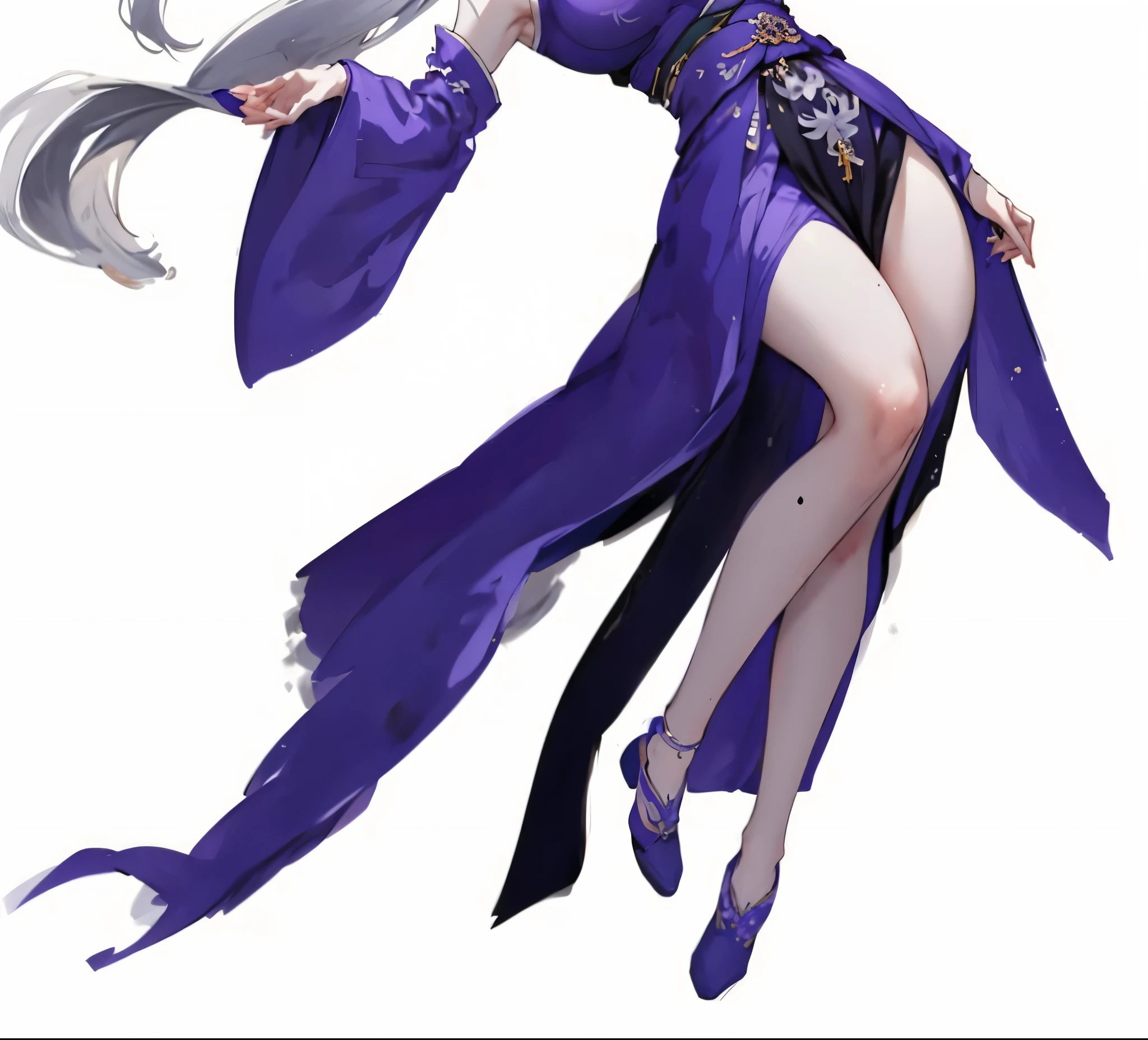 1 girl，Heroine，Handsome，Splash ink，（Close-up of lower body），（（2.5D）），white hair，floating hair strandquisite eyes，Purple antique brocade Hanfu，fov，（f1.8），（masterpiece)，(portrait shot)，front shot,White background，Character design sheet，thin waist，Big breasts sagging，Gold outlined，（Willow Yao,Athletic body,inflatable legs,detailed body,(Detailed face)），black，Fluttering skirt，