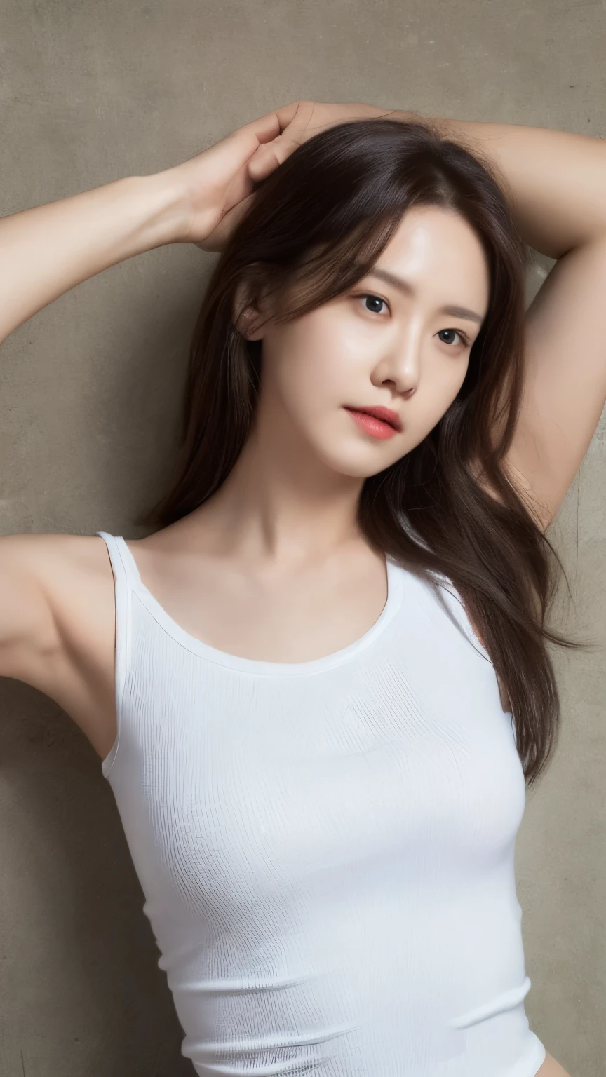 (lifelike, high resolution:1.3), 1 girl with perfect figure, The face shape and eyes are super deling hair, random color tank top:1.2, short jeanig boob,violence