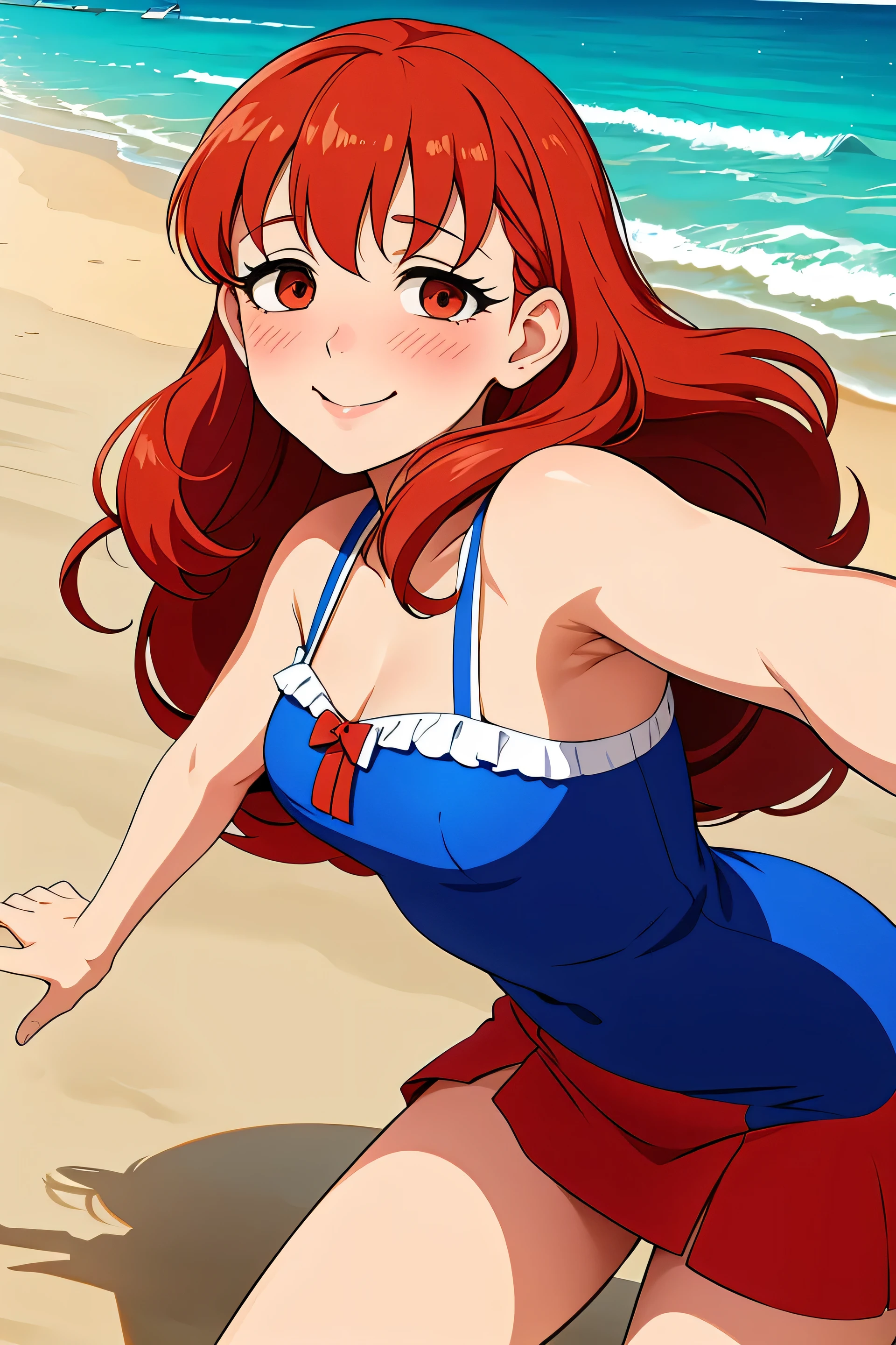 Anime style, Painting, absurderes、perfect anatomia、Hani、long hair, beach on the background, red blush, smile, redhead, red hairs, armpit, 40 years old, blue dress, 